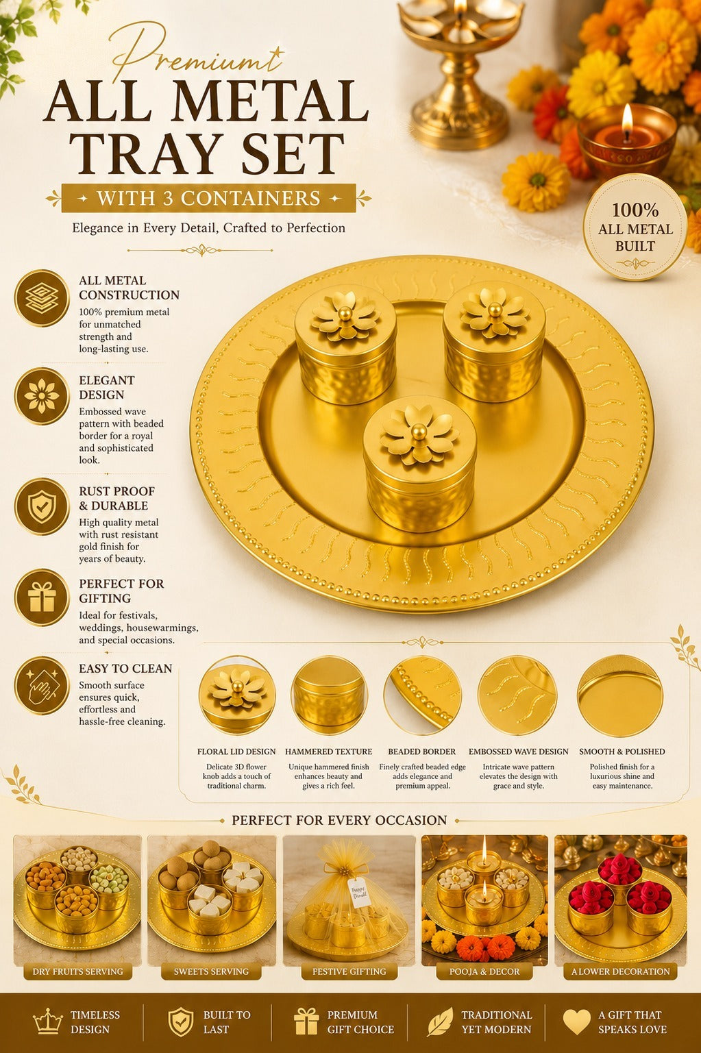 Premium All Metal Serving Tray Set with 3 Floral Containers | Decorative Dry Fruit, Sweet & Mukhwas Platter | Luxury Gold Pooja, Festive Gift Hamper & Home Décor Serving Set