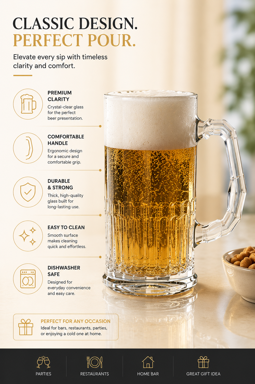 Premium Glass Beer Mug 600 ML | Heavy Thick Beer Stein with Handle | Frosted Style Large Beer Glass for Beer, Water, Juice & Drinks | Lead-Free Durable Mug