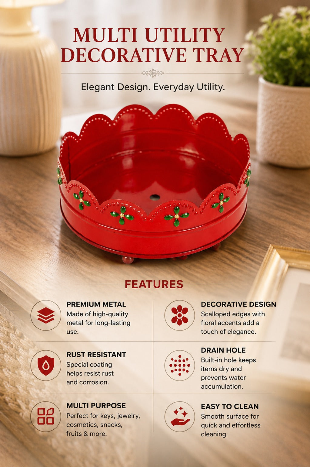 Premium Decorative Metal Gift Tray (Red) | Round Red Multipurpose Hamper Basket | Floral Cutwork Serving Tray | Fruit, Dry Fruit, Gift Packing & Home Decor Tray | 16 cm