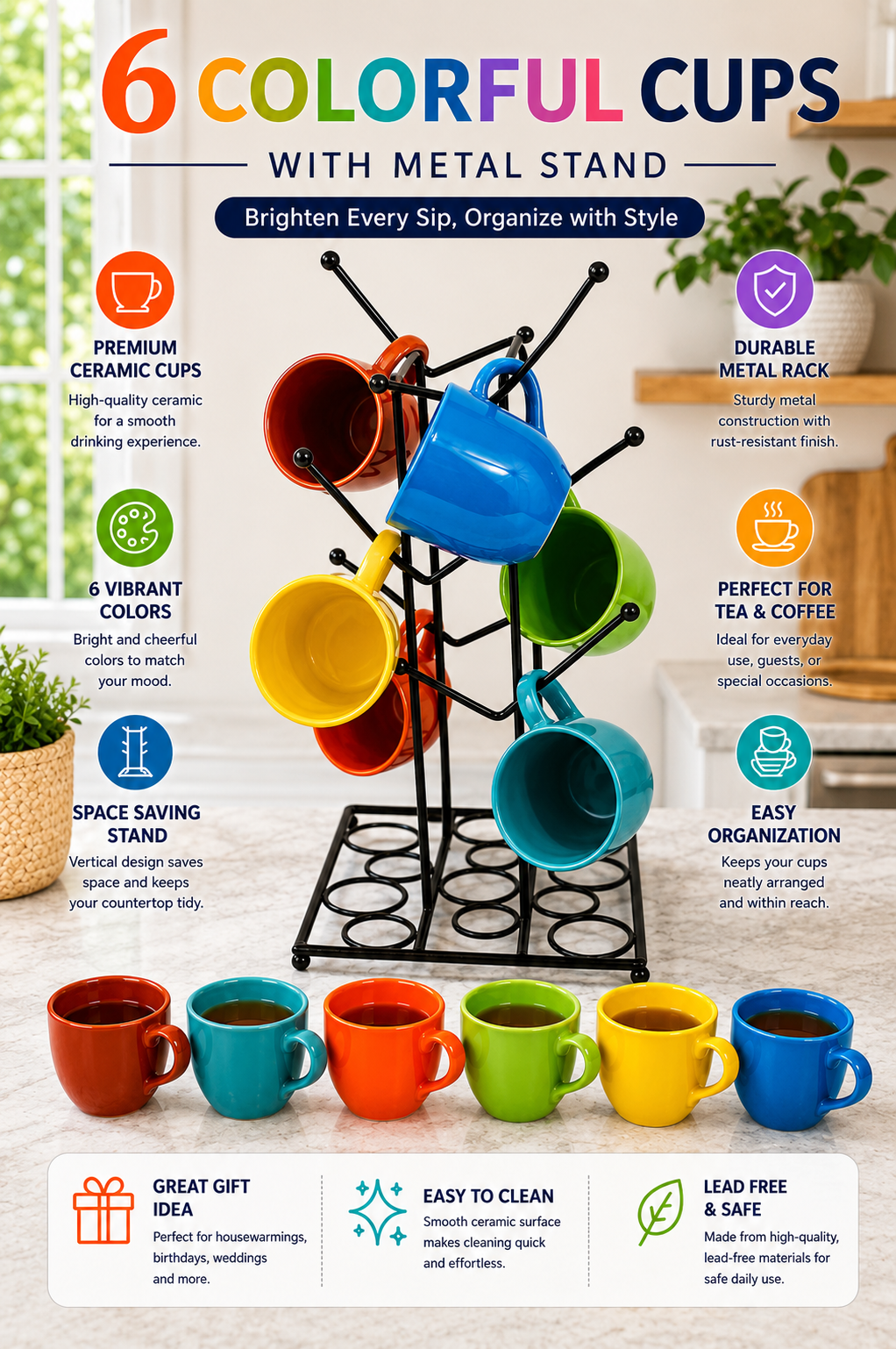 6 Colorful Ceramic Coffee Mug Set with Metal Mug Tree Stand | Space Saving Cup Holder Rack | Tea & Coffee Cups with Durable Metal Stand | Modern Kitchen Counter Organizer | Gift Set for Home & Office