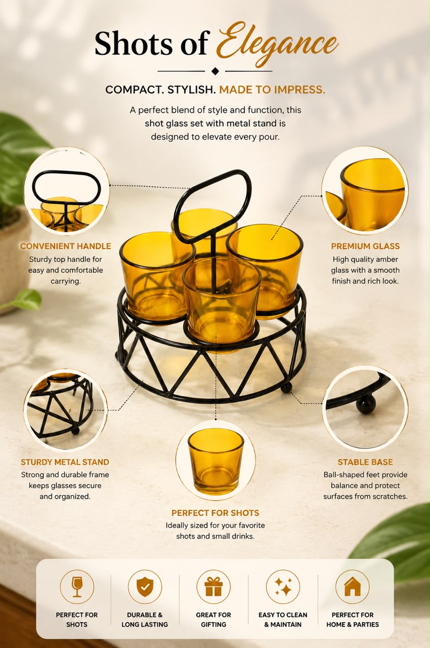 Shot Glass Set Of 4 With Metal Stand | Amber Glass Mini Shot Cups With Round Iron Holder | Dhaba Style Serving Set For Vodka Tequila Whiskey