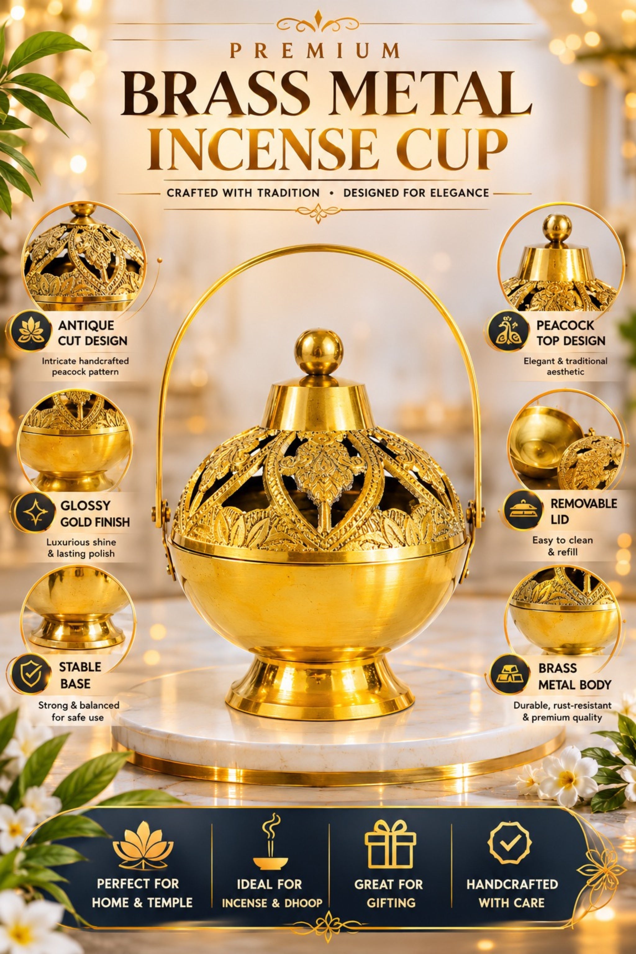 Premium Brass Metal Incense Burner with Handle | Handcrafted Dhoop Dani for Sambrani, Loban, Dhoop Cups & Resin Incense | Decorative Smoke Diffuser for Home, Temple & Pooja Room