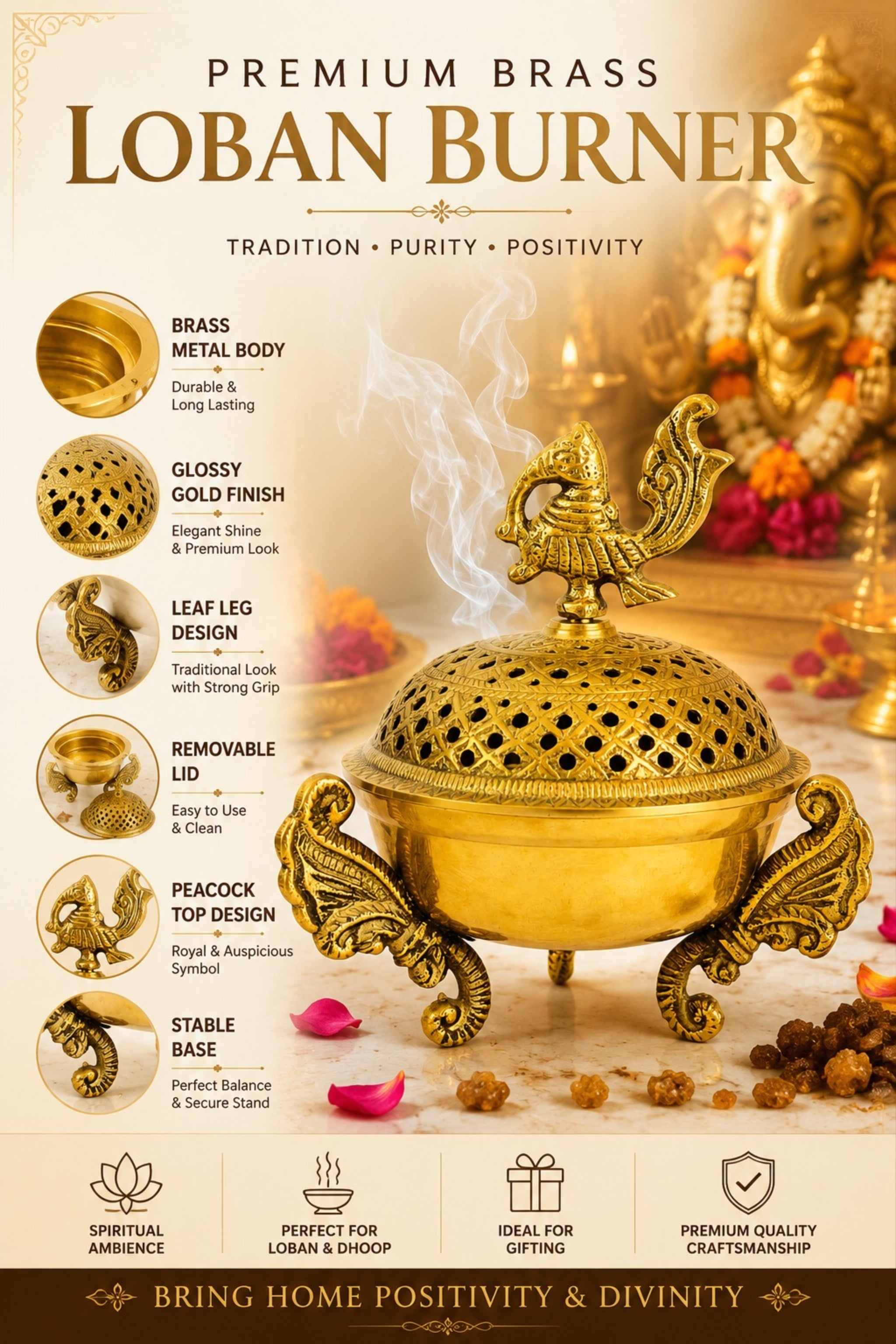 Premium Brass Loban Burner with Peacock Top | Handcrafted Brass Dhoop Dani for Loban, Sambrani Cups, Dhoop, Bakhoor & Resin Incense | Decorative Pooja Dhuni Burner for Home Temple & Meditation