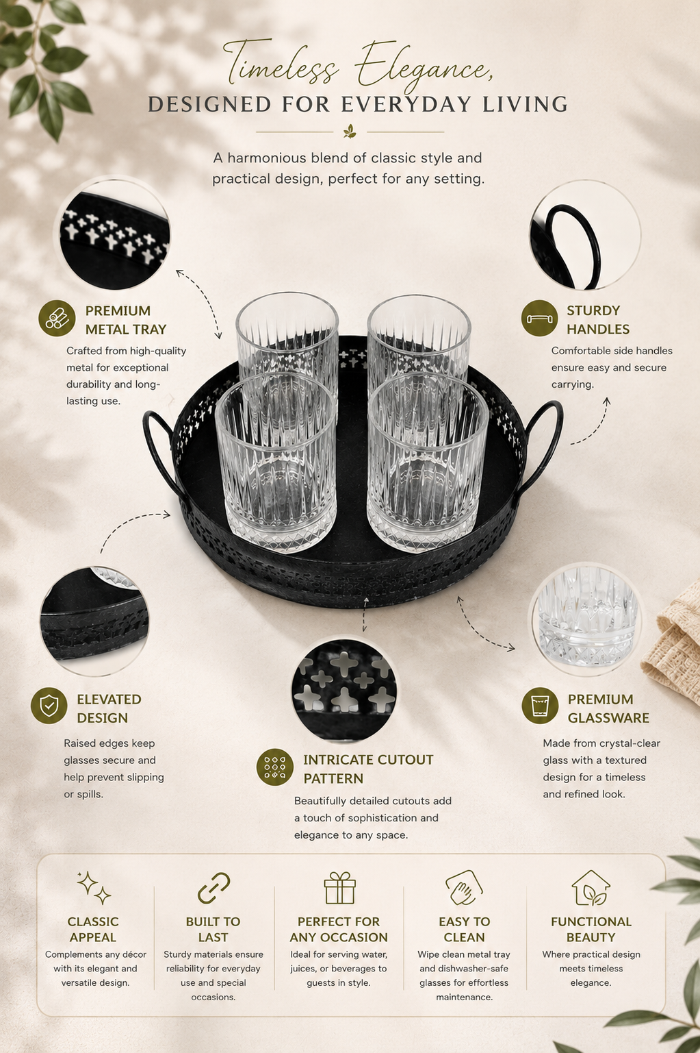 Premium Metal Serving Tray with 4 Crystal Glasses | Round Beverage Serving Set with Decorative Cutout Design & Side Handles | Tea, Juice, Water & Cocktail Glass Set for Home, Dining & Gifting