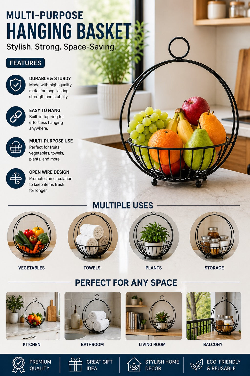 Premium Metal Hanging Fruit Basket with Ring Handle | Multipurpose Wire Storage Basket for Fruits, Vegetables, Towels, Plants & Kitchen Organizer | Modern Decorative Countertop Basket for Home & Office