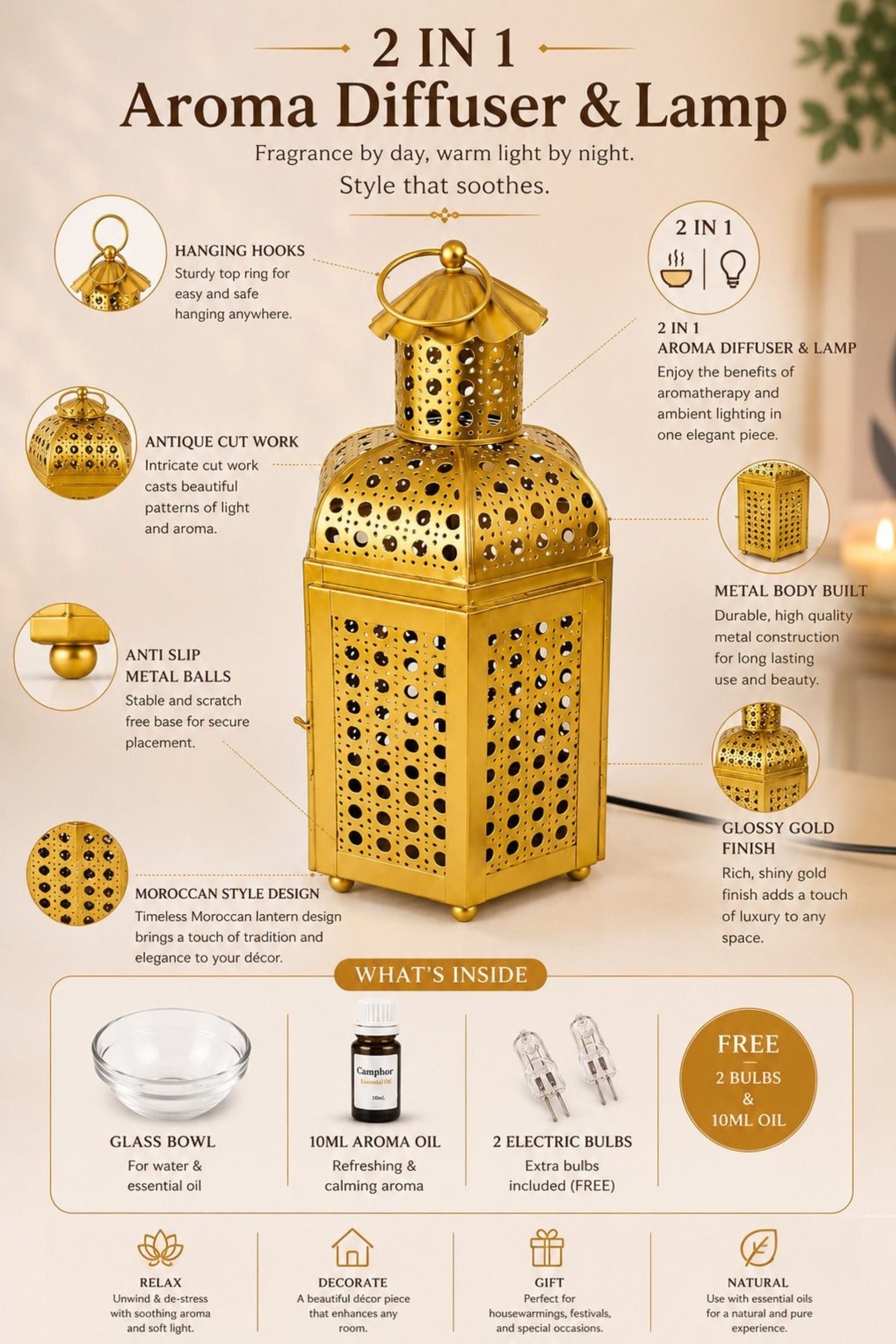 Premium Lantern Style Metal Aroma Diffuser Lamp with Essential Oil | Elegant Cutwork Electric Burner | Warm Ambient Light Aromatherapy Diffuser | Decorative Fragrance Lamp for Home & Gifting