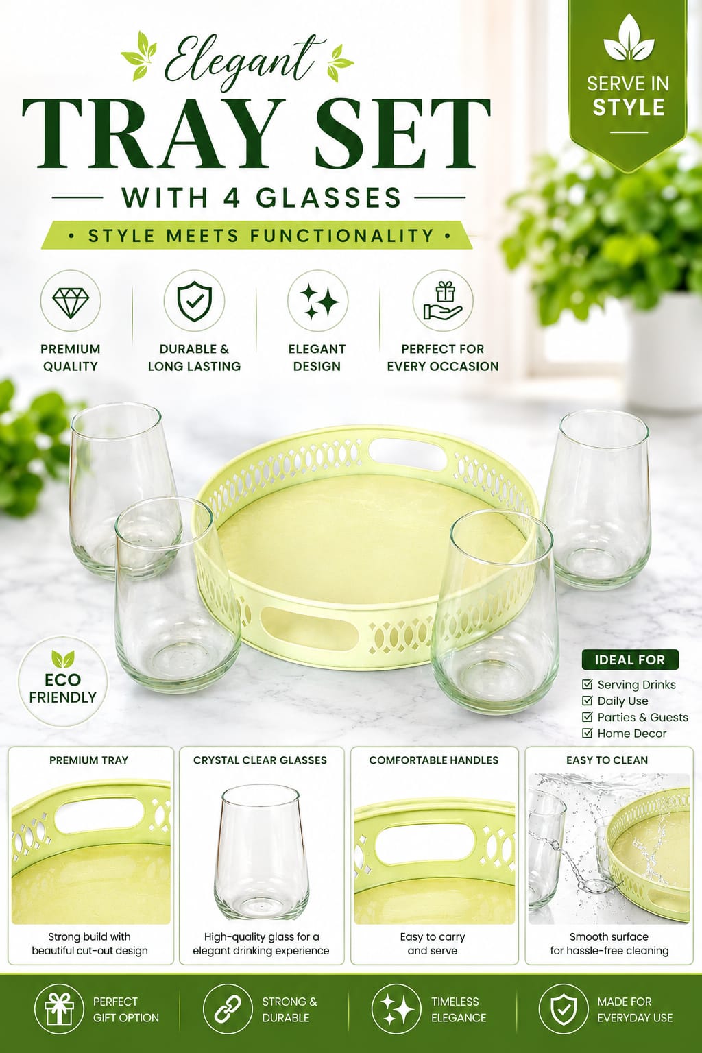 Set Of 4 Wine Glasses With Ivory Metal Tray | Premium Whisky Liqueur Glass Set With Serving Tray For Home Bar, Parties & Gifting