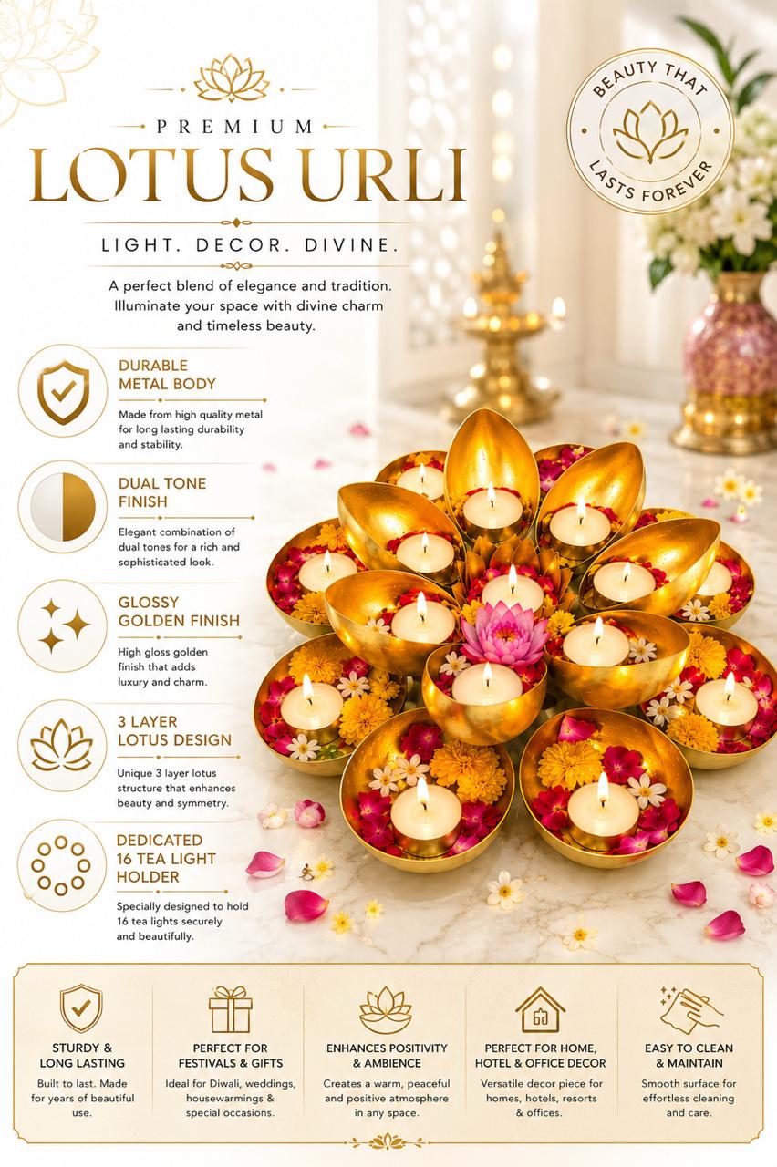 Golden Metal Urli Cum Tealight Holder Set | Decorative Diya & Flower Urli for Festive Home Décor