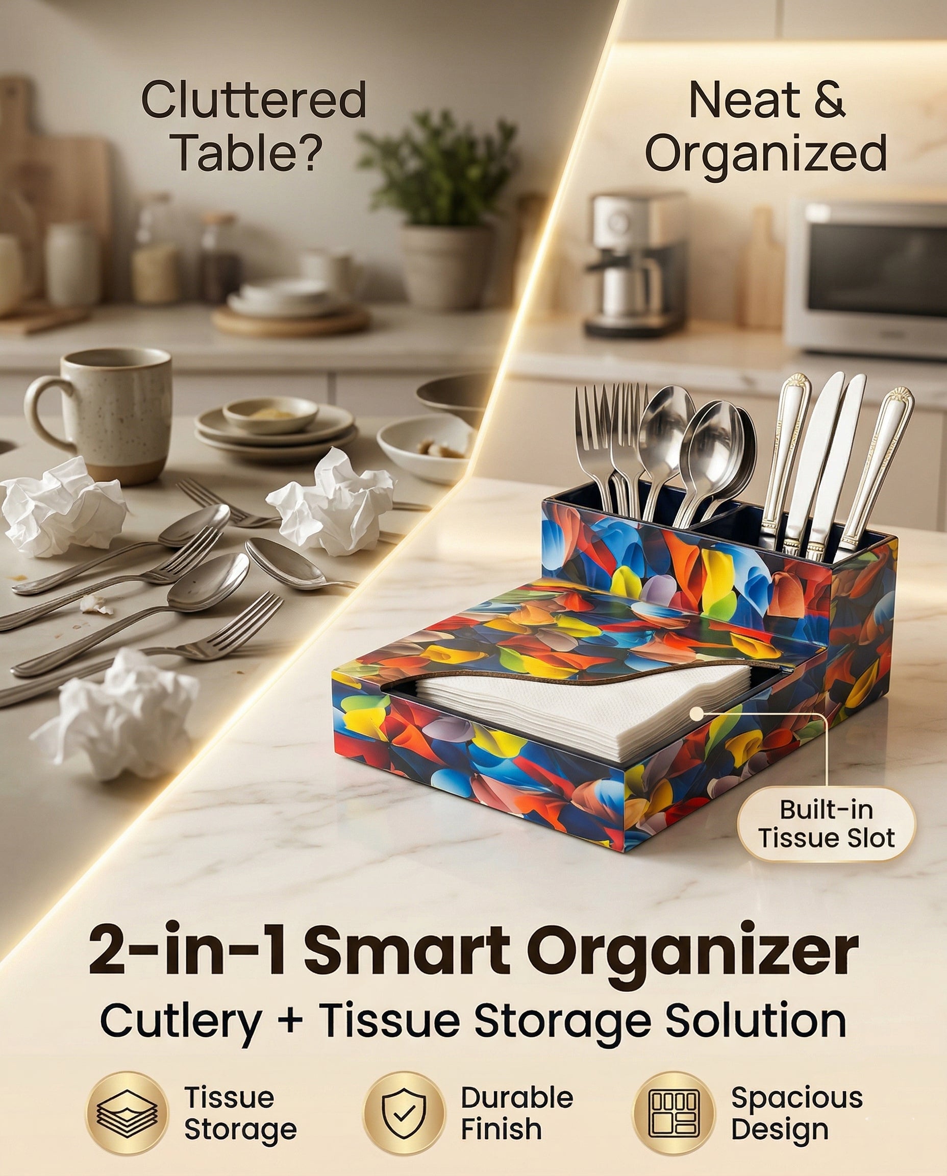 Premium MDF Cutlery & Napkin Holder | Flower Petals Printed Wooden Organizer with Dual Compartments | Multipurpose Spoon Stand for Dining Table, Kitchen & Home Décor