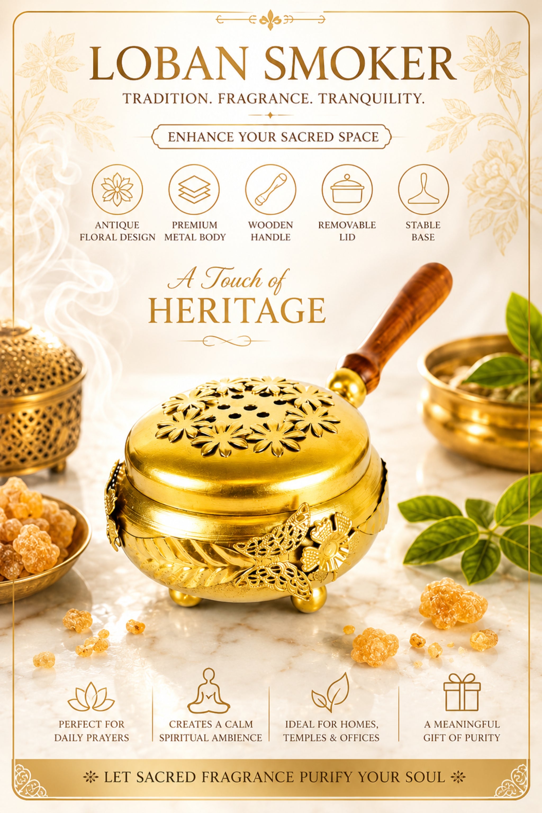 Brass Loban Incense Burner with Wooden Handle | Floral Design Dhoop Dani Dhuni Sambrani Bakhoor Burner | Handheld Incense Holder