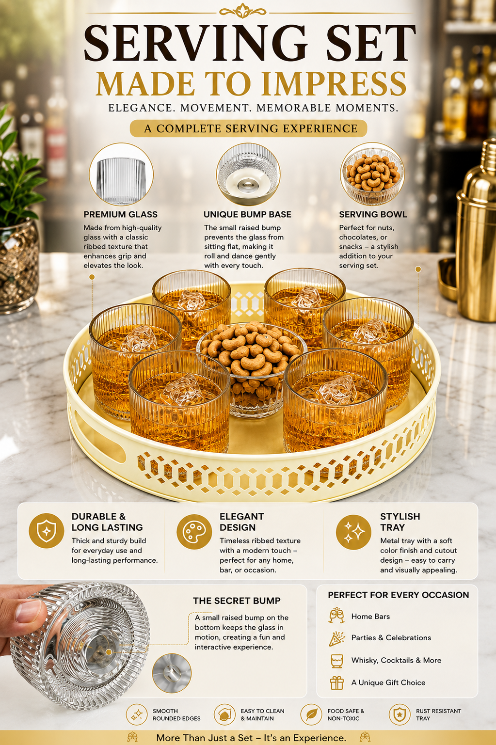 Premium Dancing Glass Serving Set with Round Metal Tray | 6 Self-Balancing Rocking Glasses & 1 Crystal Snack Bowl | Beverage Serving Set for Whisky, Cocktails, Juice, Tea & Home Entertaining