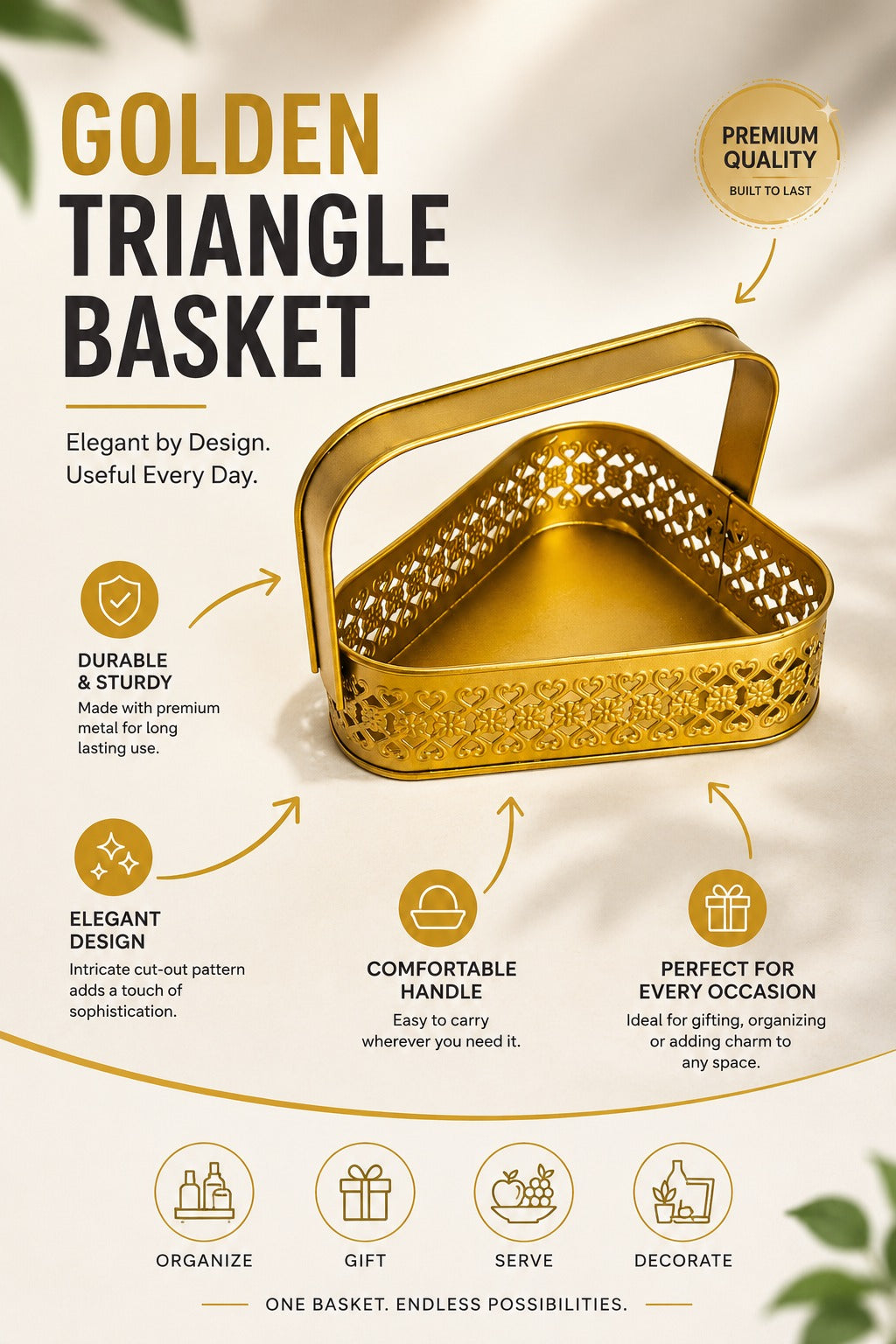 Premium Triangle Metal Basket with Handle (Small) | Decorative Gold Serving Basket | Gift Hamper Basket | Fruit & Dry Fruit Basket | Metal Organizer Tray for Home Décor