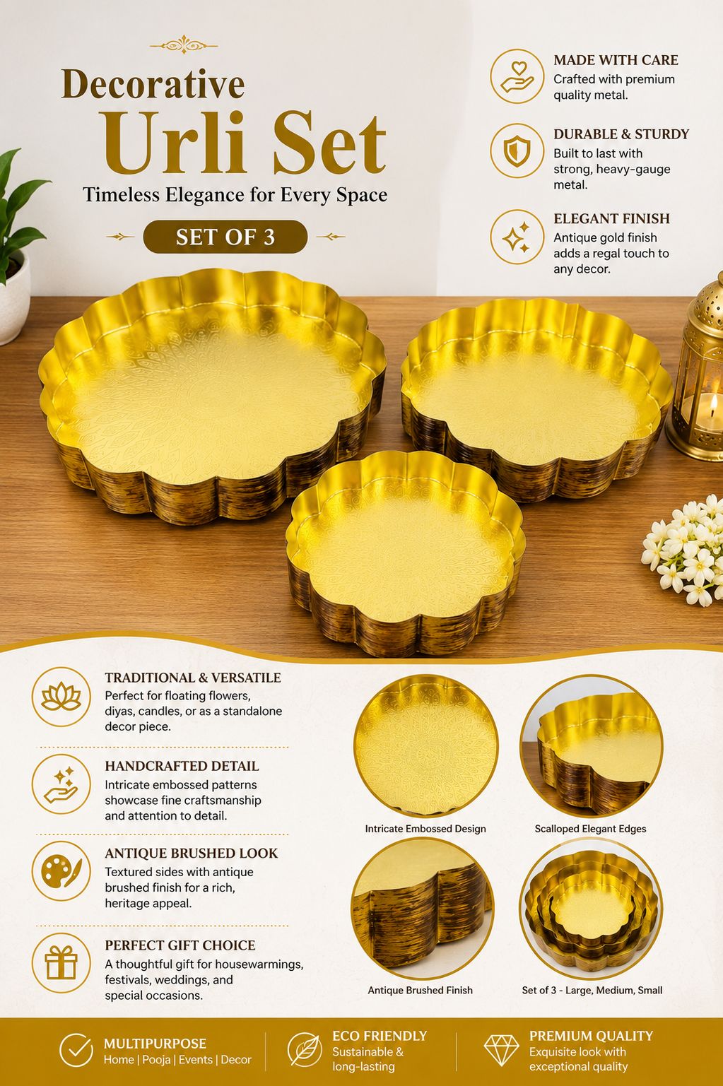 Premium Decorative Urli Bowl Set of 3 | Embossed Hammered Metal Floating Flower Bowls | Antique Gold Finish for Diyas, Candles, Pooja, Diwali, Weddings, Festivals & Home Décor