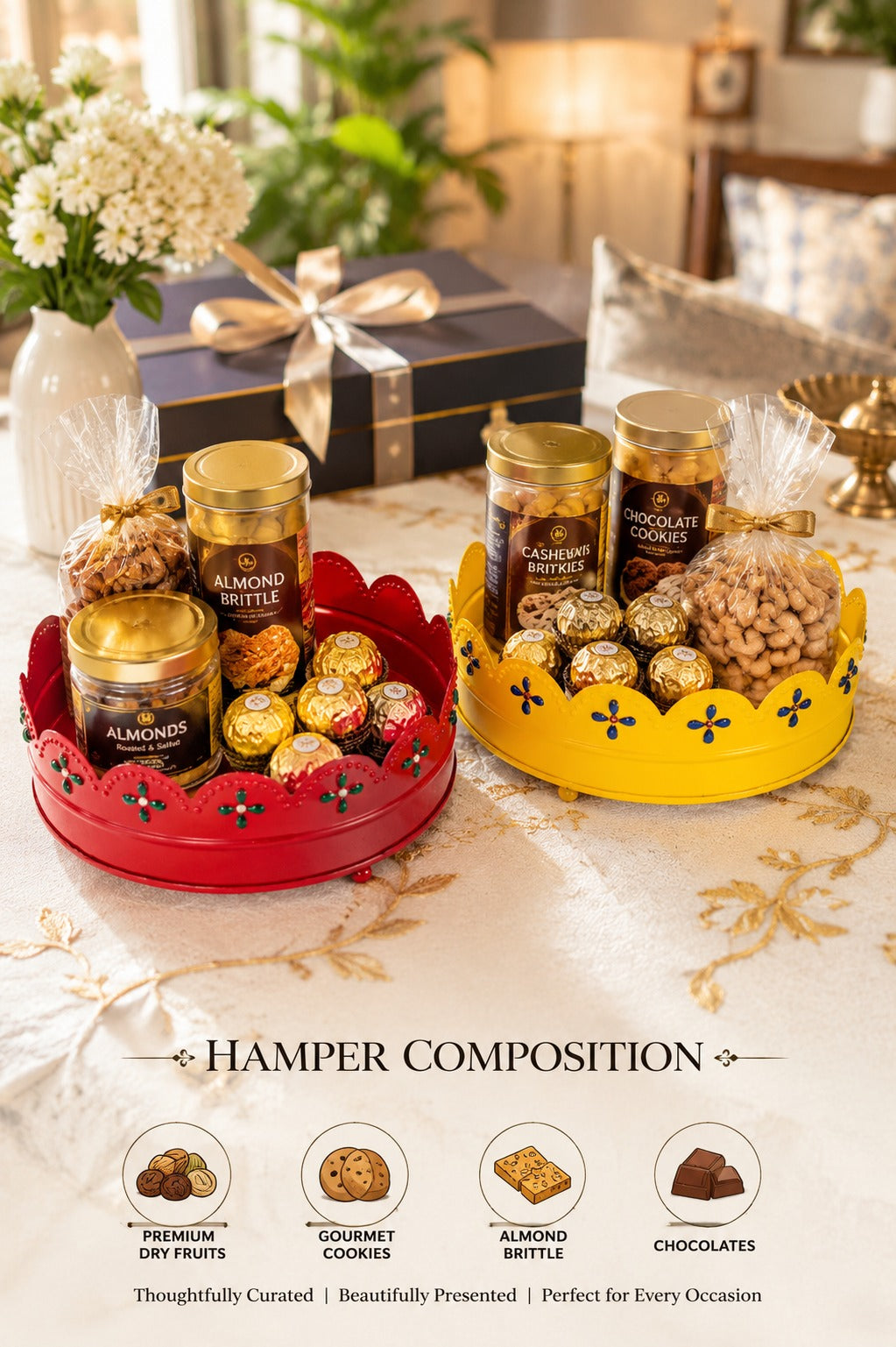 Premium Decorative Metal Tray Set of 2 | Round Multipurpose Gift Hamper Basket | Red & Yellow Floral Serving Trays | Fruit, Dry Fruit, Pooja & Home Decor Tray