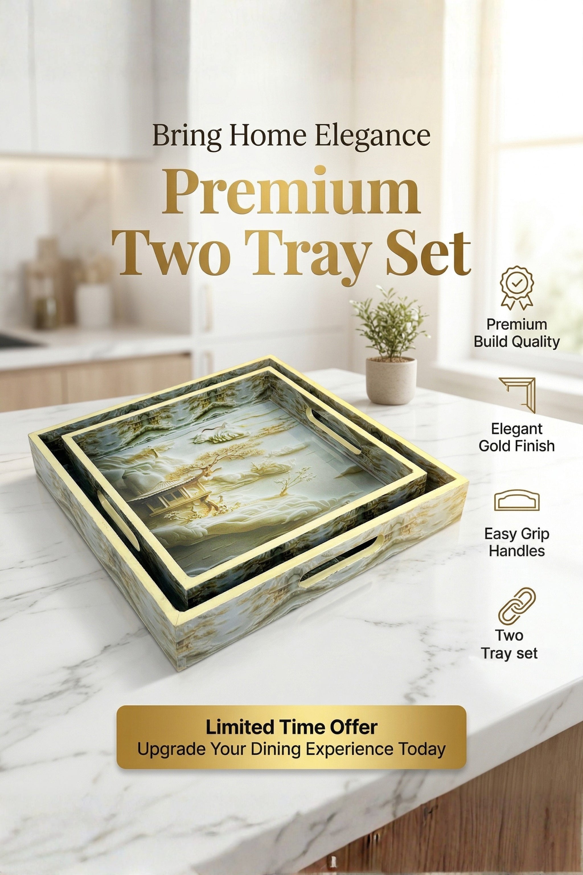 Premium Decorative Serving Tray Set of 2 with Gold Handles | Resin Art Wooden Serving Trays for Tea, Coffee, Snacks, Breakfast & Home Décor | Luxury Vanity, Ottoman & Coffee Table Organizer