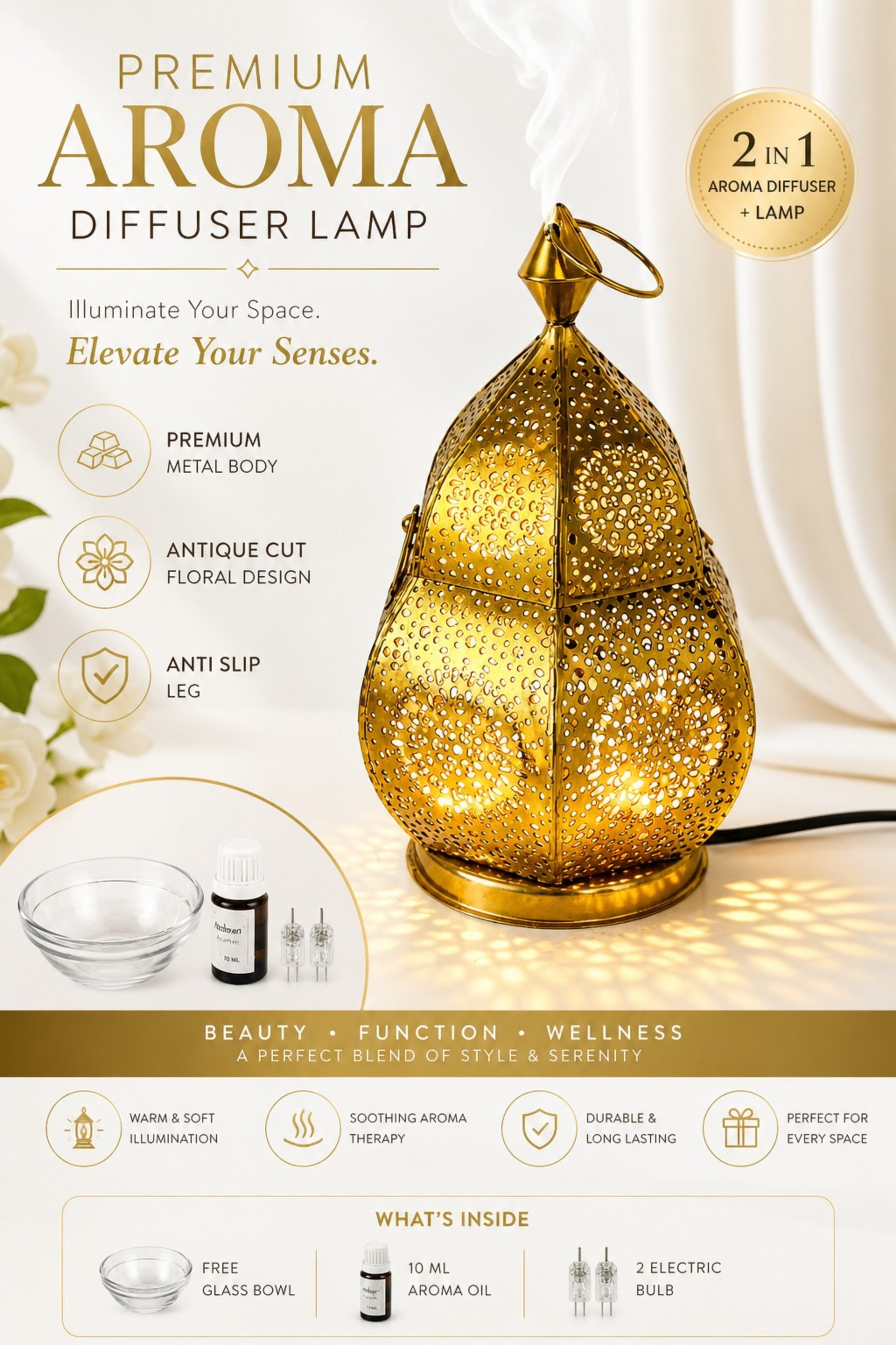 Premium Metal Aroma Diffuser Lamp with Essential Oil | Elegant Cutwork Design Electric Burner | Warm Ambient Light Aromatherapy Diffuser | Decorative Home Fragrance Lamp for Relaxation & Gifting