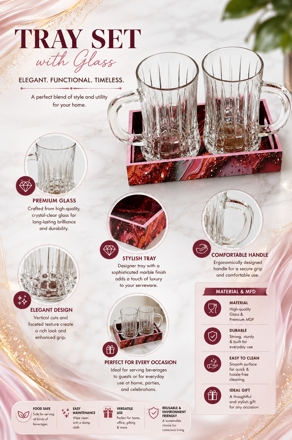 Premium Beer Mug Set with Decorative MDF Serving Tray | 2 Crystal Clear Glass Beer Mugs with Marble Finish Tray | Heavy Handle Beer Glasses for Beer, Juice, Soft Drinks & Home Bar Gift Set