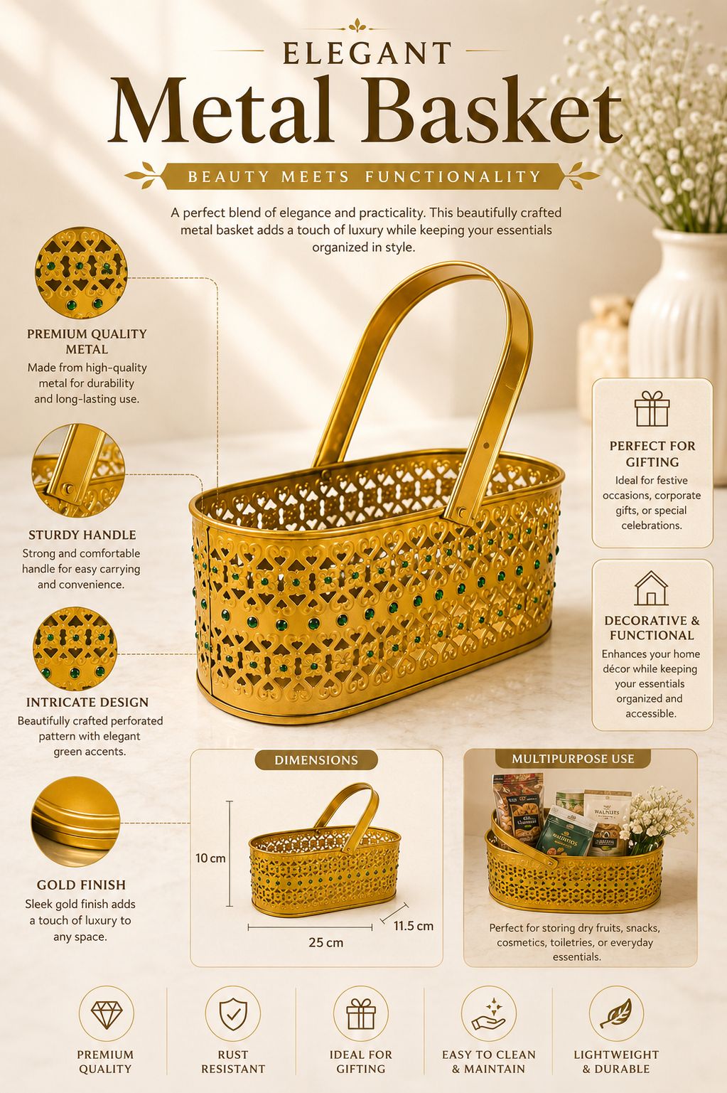 Premium Decorative Metal Gift Basket with Handle | Gold Finish Storage Basket | Dry Fruit, Gift Hamper, Fruit Basket, Home Decor & Multipurpose Organizer | 25 x 11.5 x 10 cm