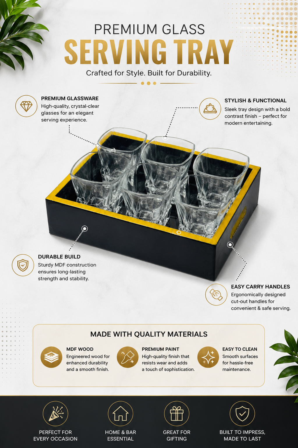 Premium Square Whiskey Glass Set with MDF Serving Tray | 6 Crystal Clear Heavy Base Drinking Glasses for Whisky, Scotch, Cocktails, Juice & Water | Elegant Drinkware Gift Set for Home Bar