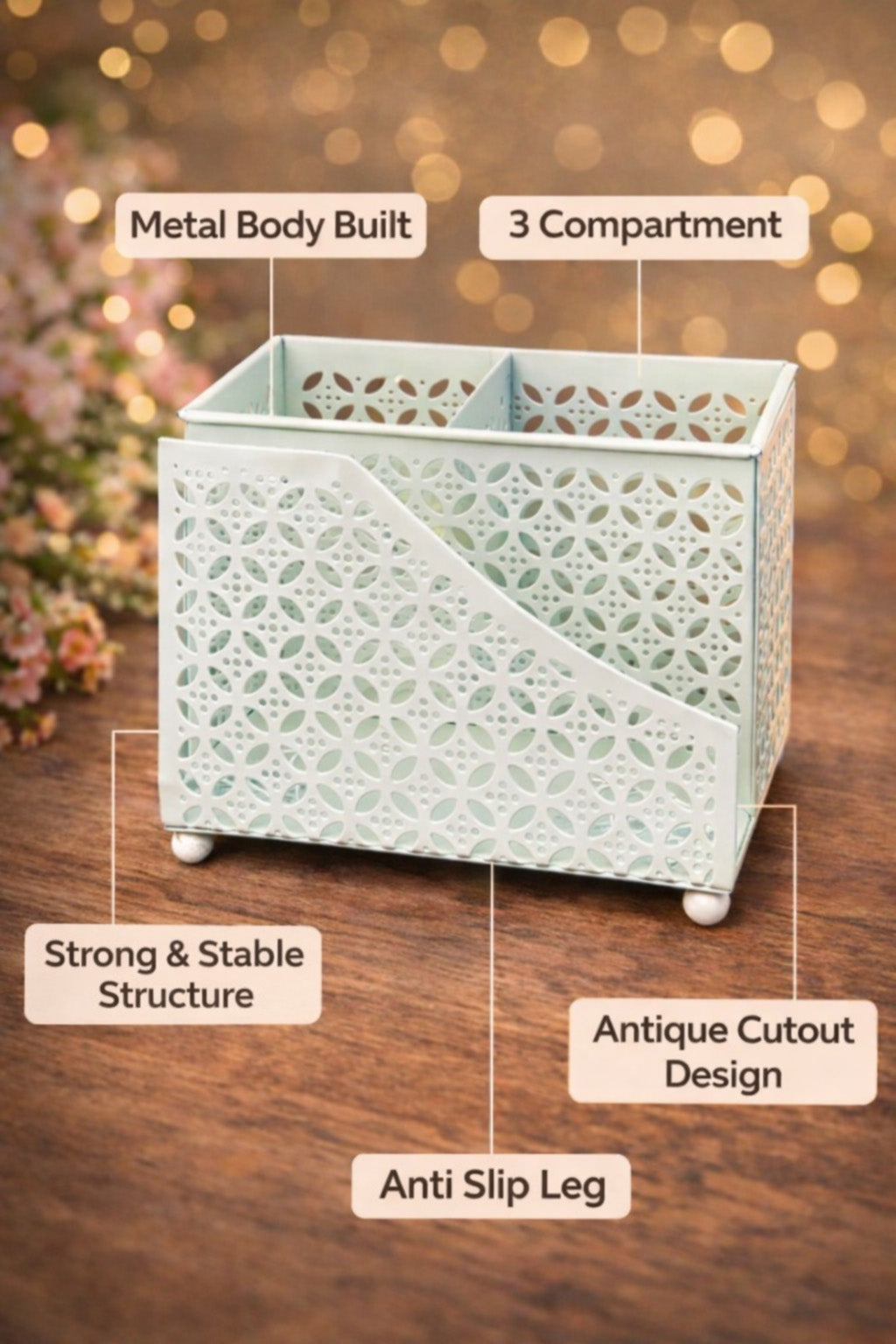 Premium 2-in-1 Cutlery & Napkin Holder | Elegant Cream Metal Organizer with Laser Cut Floral Design | Tabletop Storage for Spoons, Forks, Knives & Tissue | Kitchen & Dining Decor