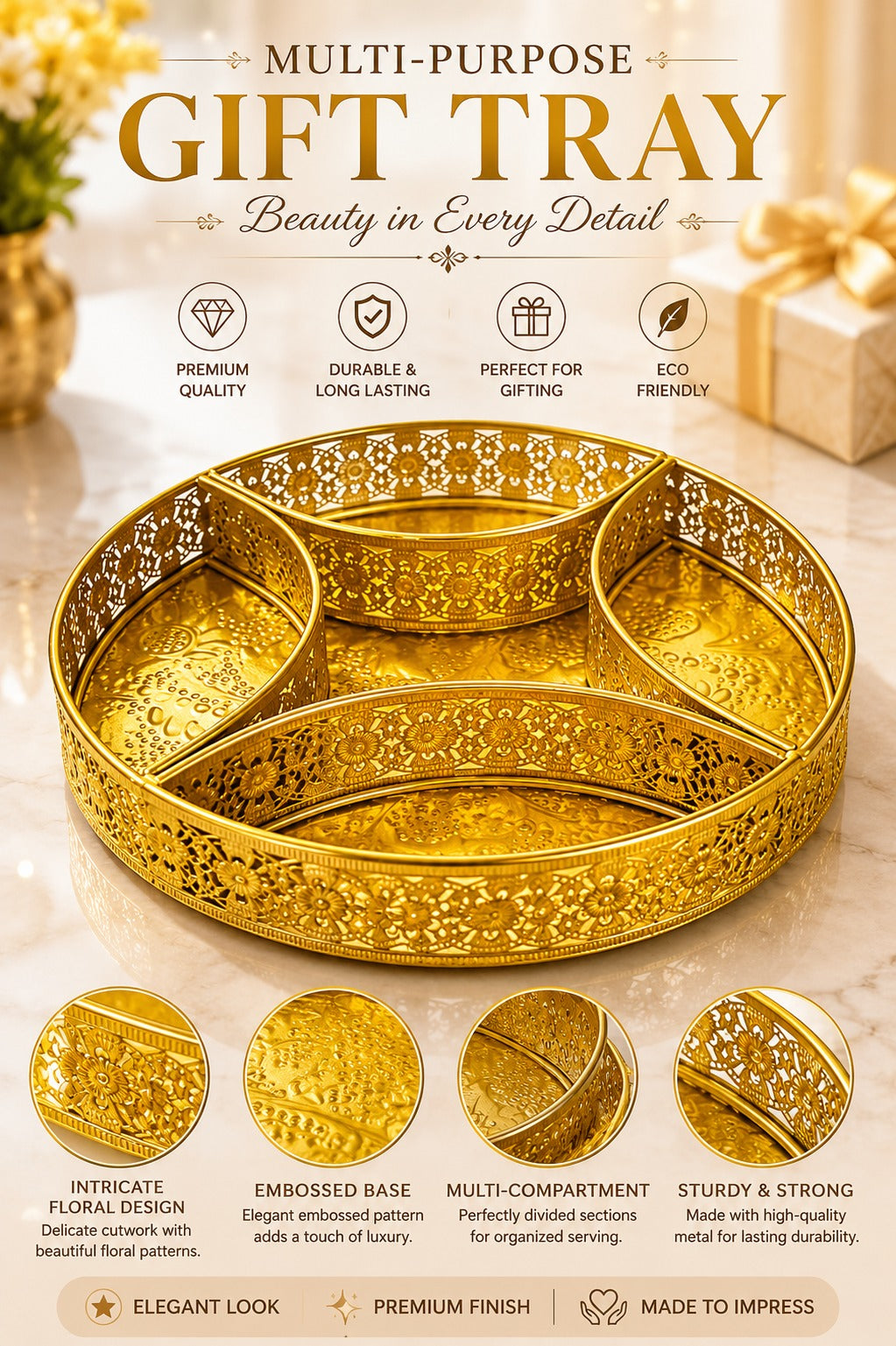 Premium Brass Multi-Compartment Gift Tray | Round Decorative Serving Tray with 4 Sections | Dry Fruit, Sweets, Chocolates, Snacks & Gift Hamper Organizer | Festive Brass Platter