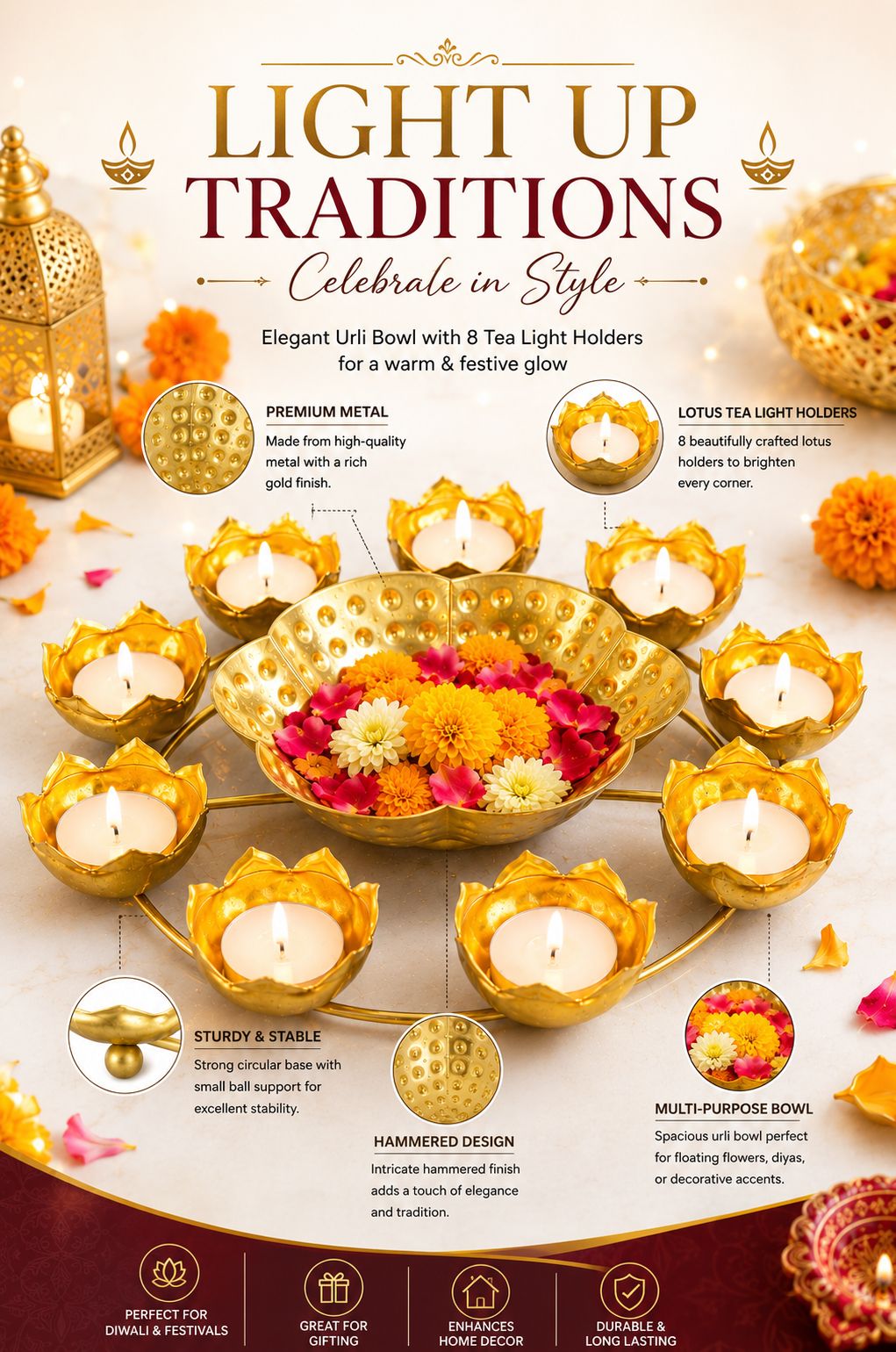 Premium Lotus Urli Bowl with 8 Tea Light Holders | Hammered Metal Decorative Floating Flower Bowl | Gold Finish Centerpiece for Diwali, Pooja, Weddings, Festivals, Home Décor & Gifting