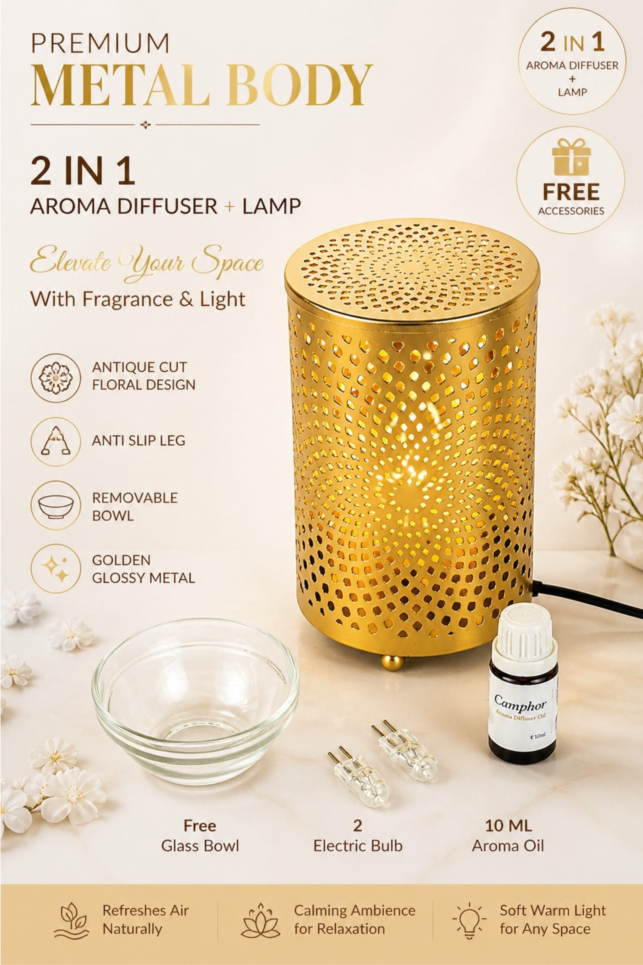 Modern Spiral Light Projection Electric Diffuser Lamp | Metal Aroma Burner with Warm Ambient Glow for Home Décor & Relaxation