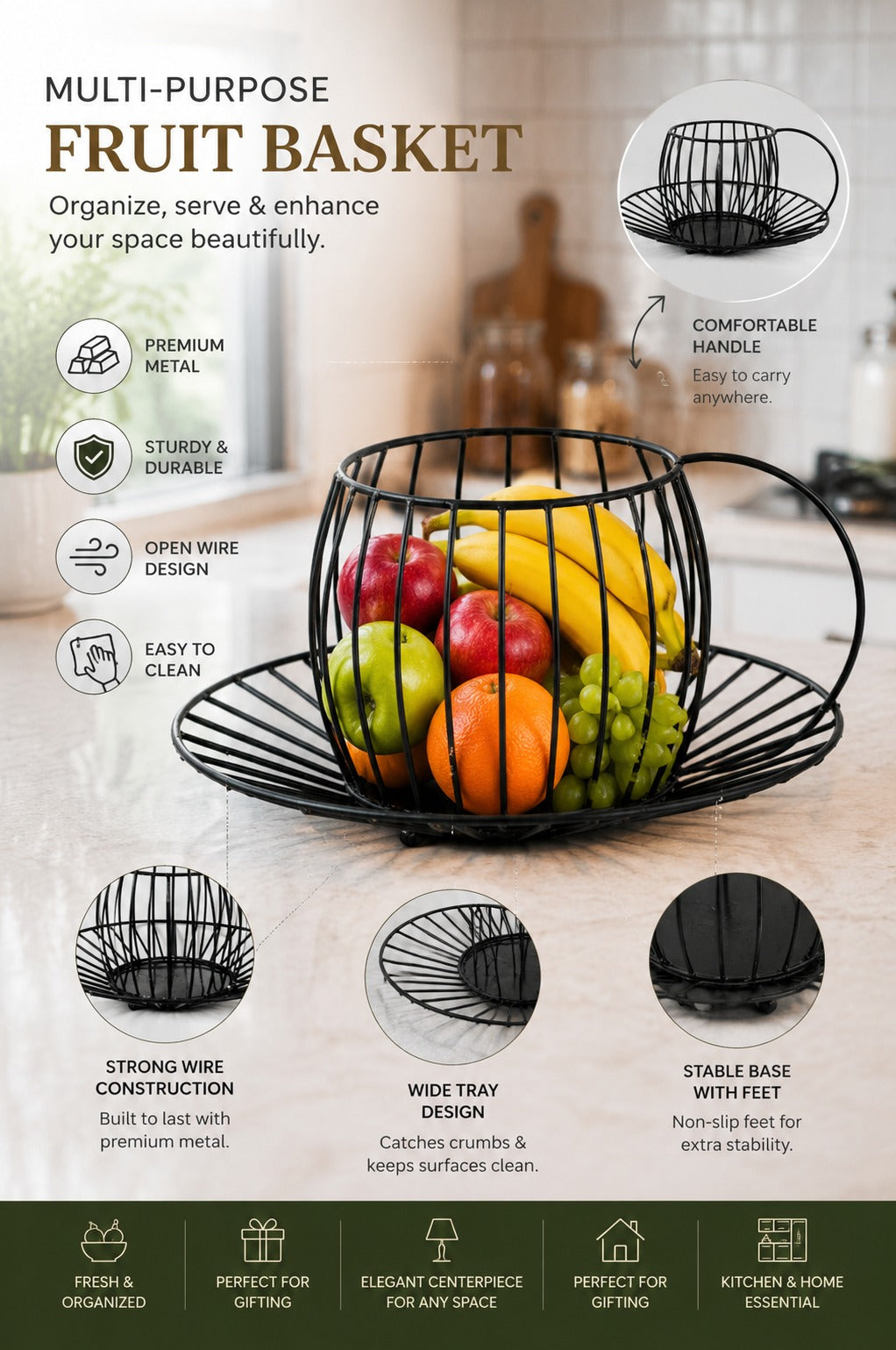 Premium Metal Fruit Basket with Serving Tray & Side Handle | Multipurpose Wire Fruit & Vegetable Storage Basket | Modern Countertop Organizer for Kitchen, Dining, Home & Office