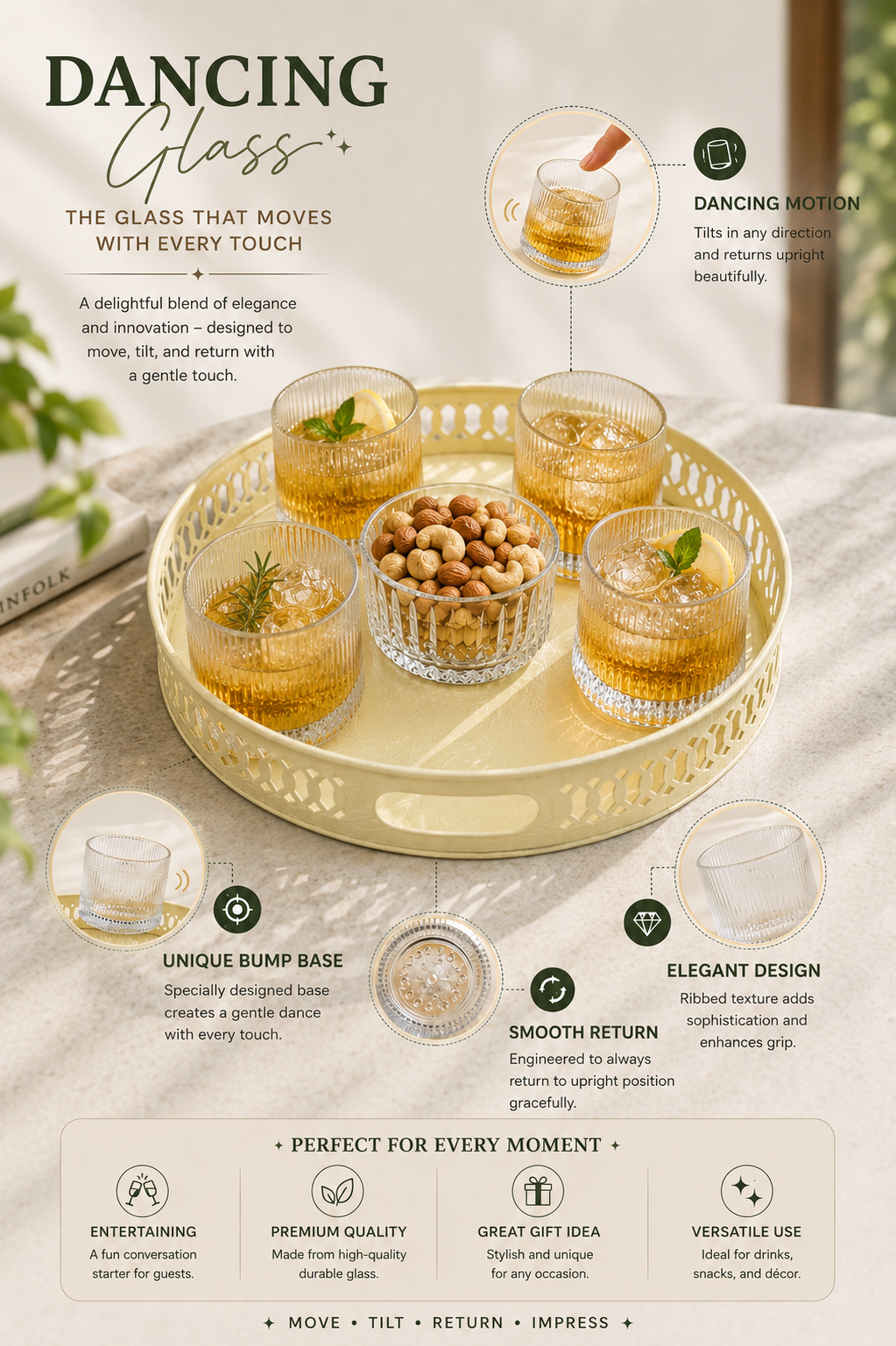 Premium Dancing Glass Serving Set with Round Metal Tray | 4 Self-Balancing Rocking Glasses & 1 Crystal Snack Bowl | Decorative Beverage Serving Set for Tea, Juice, Whisky, Cocktails & Home Décor
