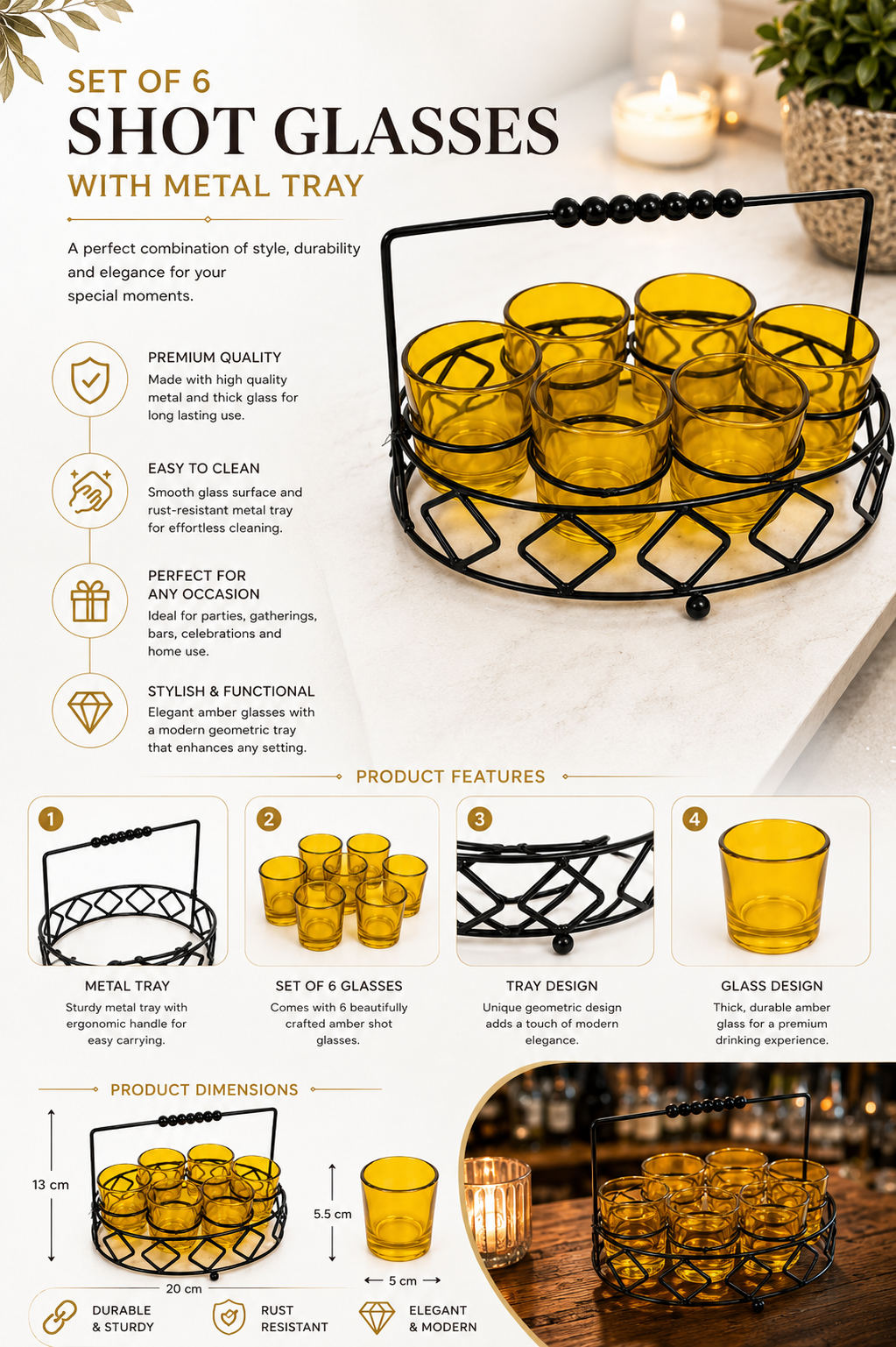Premium Shot Glass Set of 6 with Metal Stand | 40ml Mini Whisky Vodka Tequila Glasses with Wooden Handle Carrier | Dhaba Style Serving Set for Home Bar & Parties