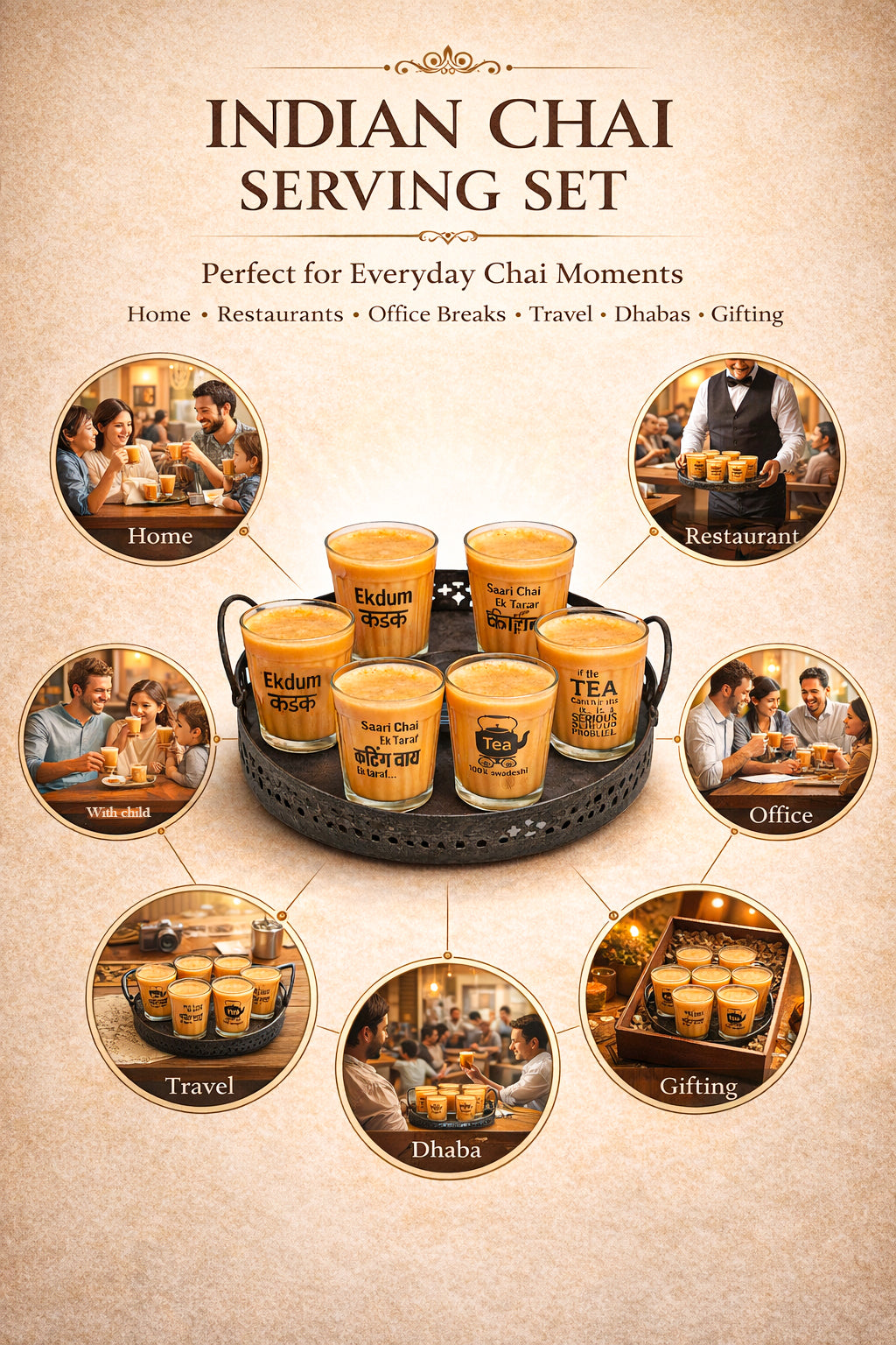Premium Printed Cutting Chai Glass Set of 6 with Metal Tray & Snack Bowl | Designer Tea Glasses with Iron Serving Stand | Tapri Style Tea Coffee Set for Home, Café & Kitchen Use