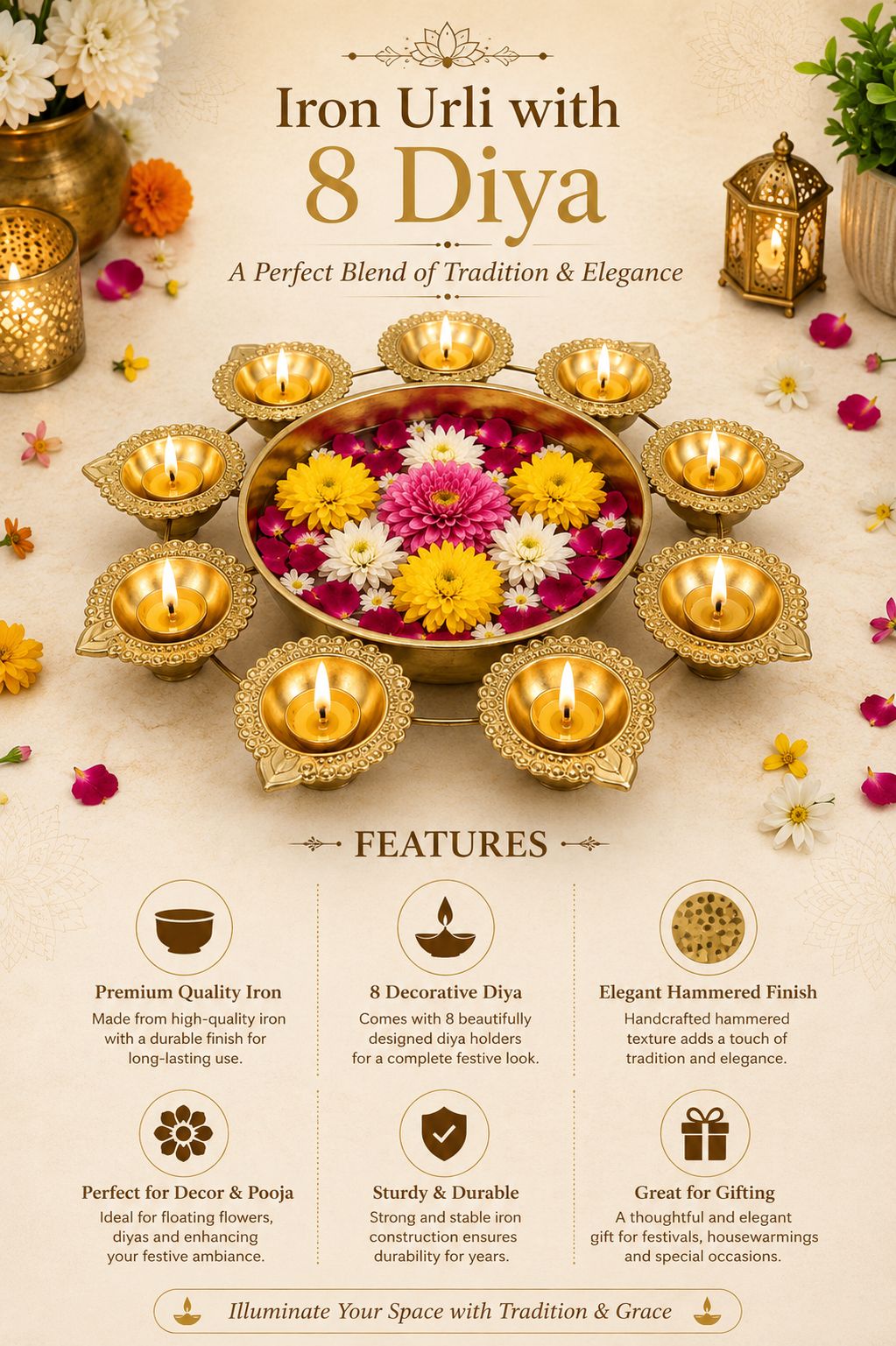 Premium Iron Urli with 8 Diya Holders | Decorative Metal Floating Flower Bowl for Water, Candles & Rangoli | Traditional Urli for Diwali, Pooja, Wedding, Festivals & Home Decoration