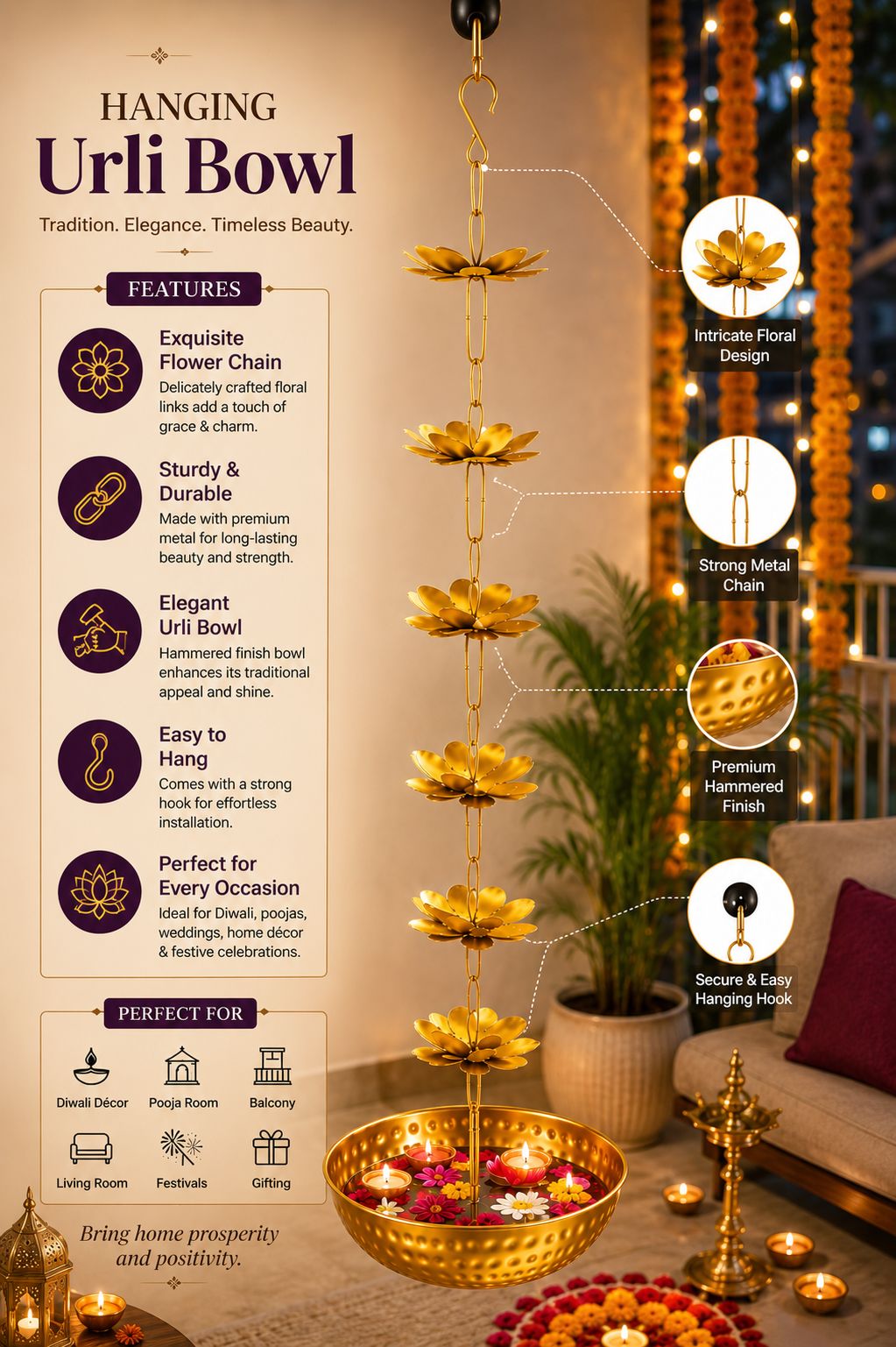 Premium Hanging Lotus Urli Bowl with Decorative Flower Chain | Handcrafted Metal Floating Flower Bowl for Water, Candles & Tea Lights | Hanging Urli for Diwali, Pooja, Wedding & Home Décor