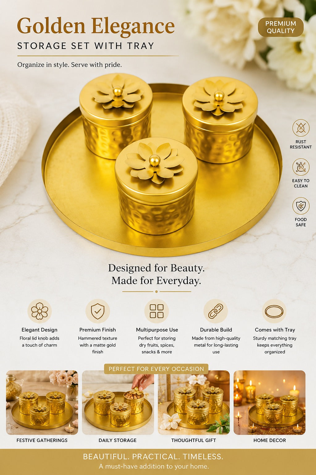 Premium 3 Piece Metal Storage Container Set with Round Serving Tray | Gold Dry Fruit, Mukhwas & Spice Container Set | Decorative Kitchen Organizer for Home, Dining & Gifting