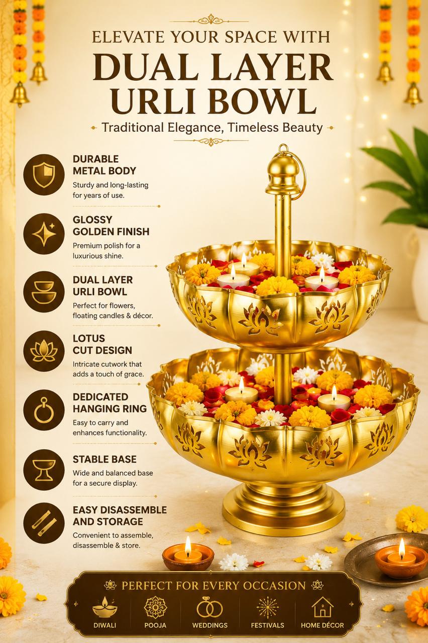 Premium Dual Layer Metal Urli Bowl | 2-Tier Decorative Floating Flower Urli for Water, Candles & Tea Lights | Traditional Pooja Urli for Diwali, Wedding, Home & Festive Decoration