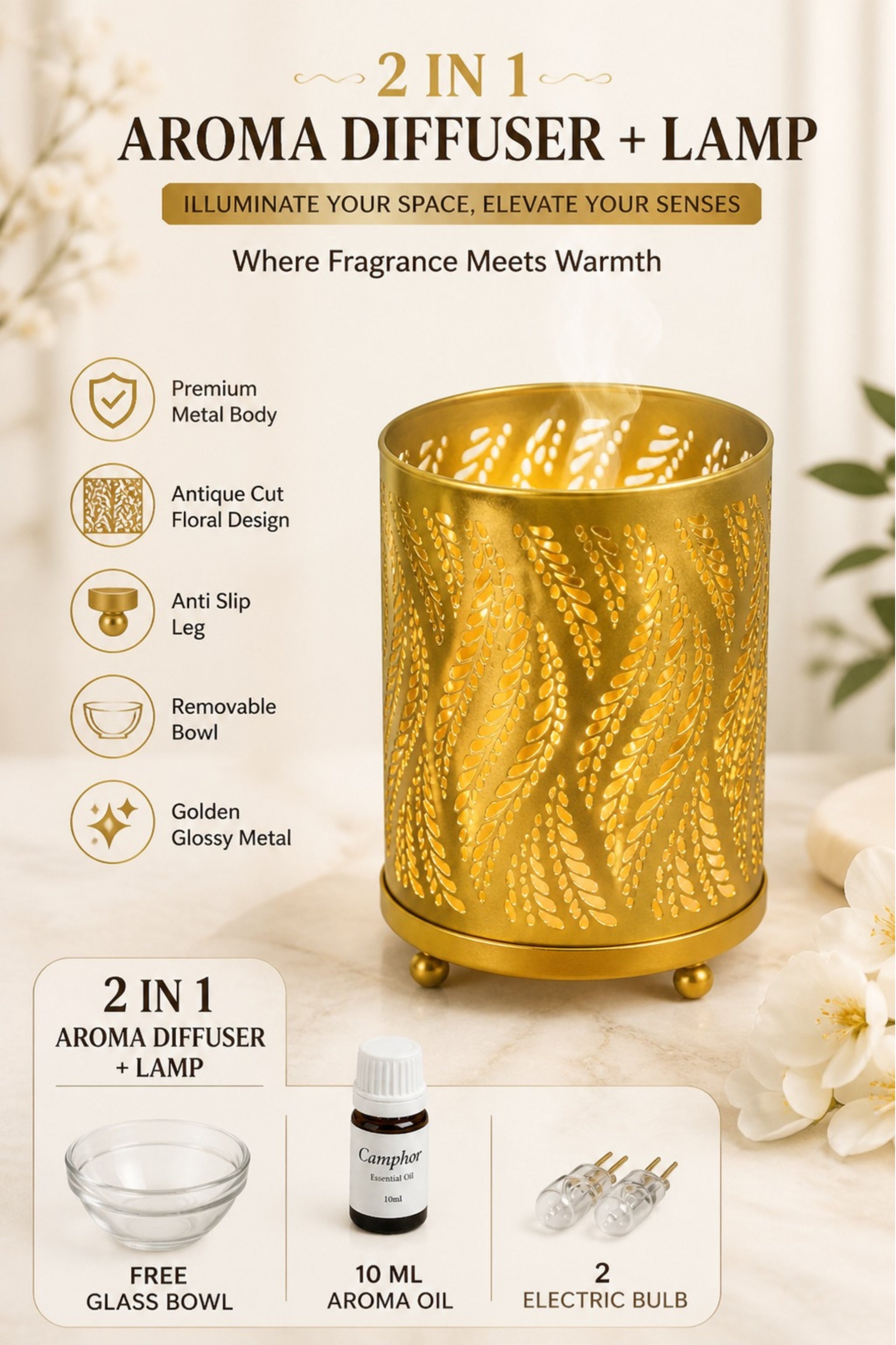 Leaf Pattern Electric Diffuser Lamp | Metal Aroma Burner with Warm Light Projection for Home Décor & Relaxation