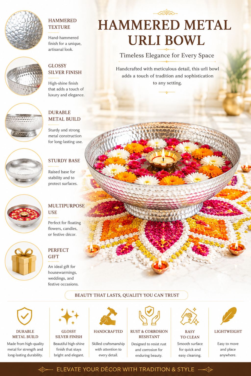 Premium Hammered Silver Urli Bowl | Decorative Metal Floating Flower Bowl for Water, Candles, Tea Lights & Diyas | Handcrafted Festival, Pooja, Wedding & Home Décor Centerpiece