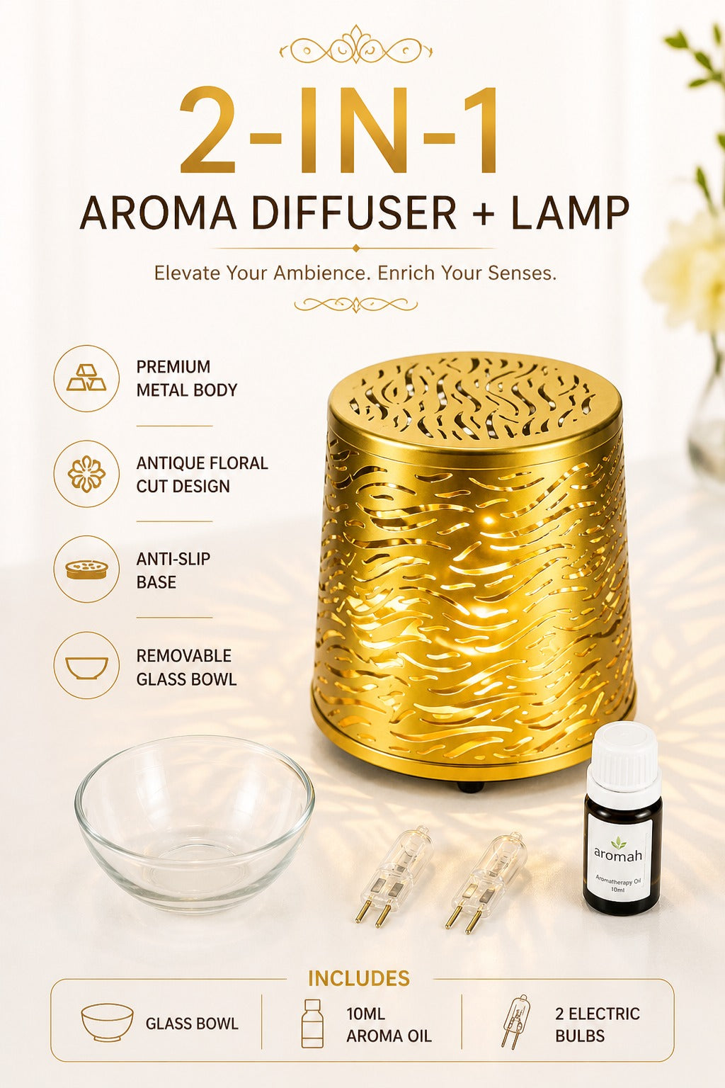 Electric Metal Aroma Diffuser Lamp With Glass Bowl | Premium Cutwork Design | Home Decor & Fragrance Burner With Free 10 Ml Aroma Oil & 2 Bulbs