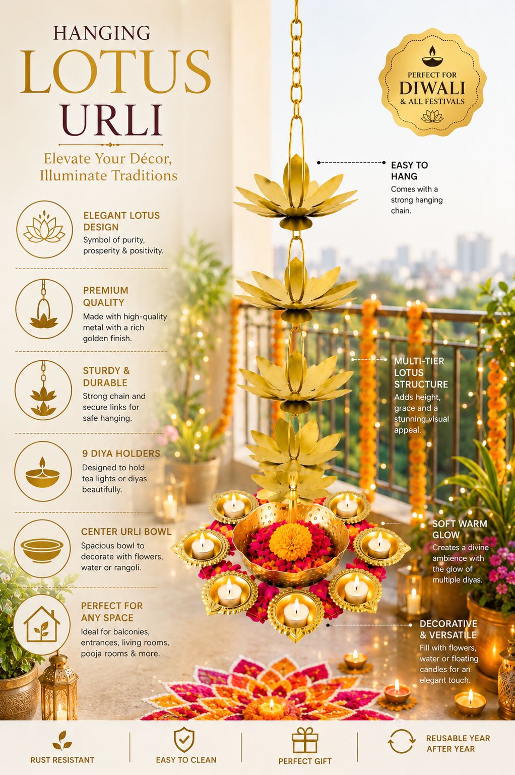 Premium Hanging Lotus Urli with 9 Diya Holders | Decorative Metal Hanging Urli for Floating Flowers, Candles & Water Décor | Traditional Hanging Diya Urli for Diwali, Pooja, Wedding & Home Decoration