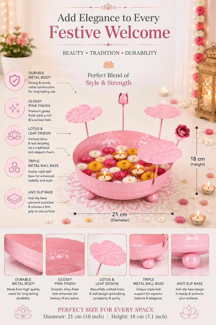 Galvanized Metal Urli Bowl for Floating Flowers & Candles | Decorative Urli with Lotus Stems for Home & Festival Decor (Pink)