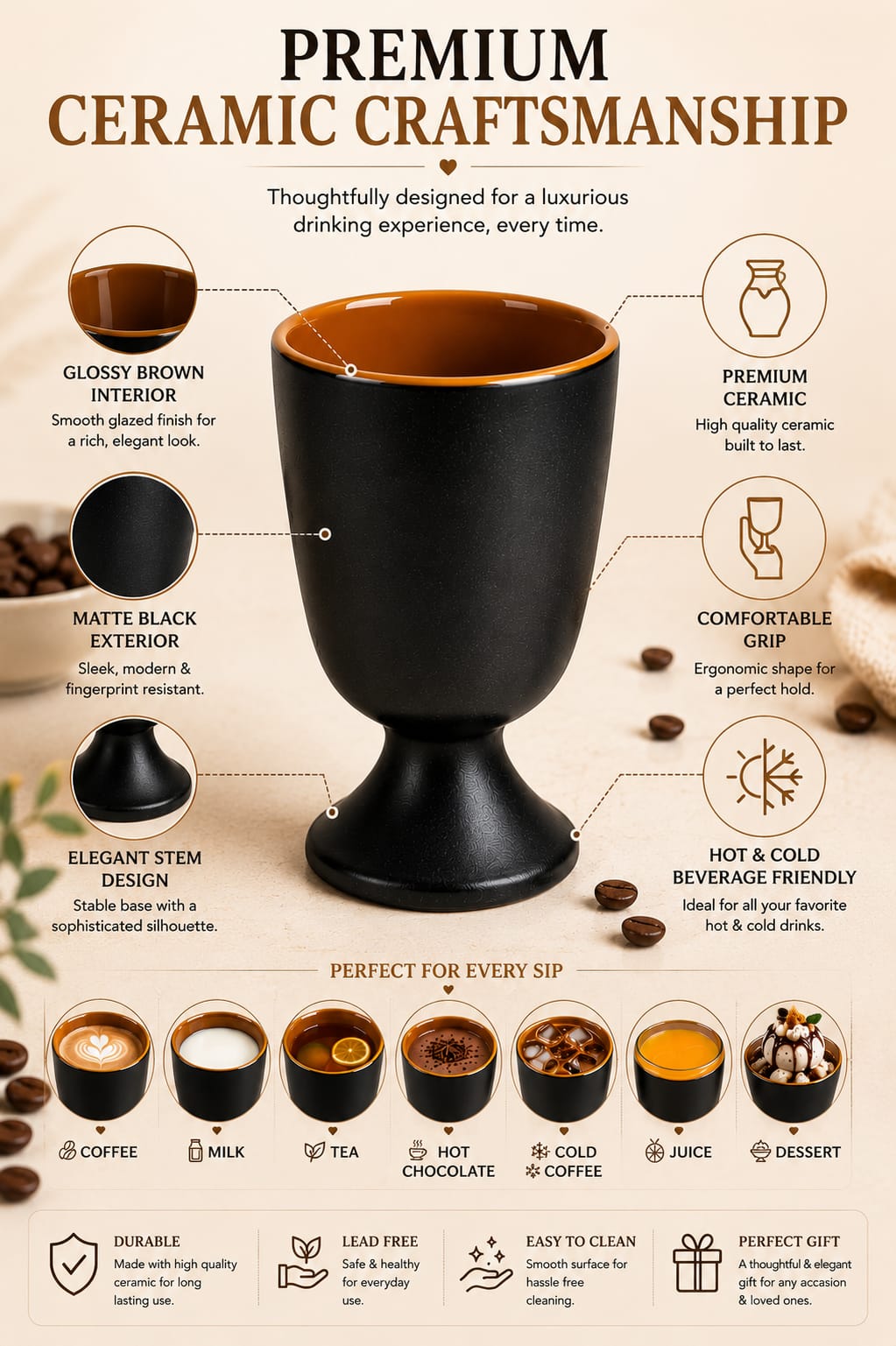 Set of 2 Modern Ceramic Goblet Glasses 250 ml | Matte Black Stemmed Drinking Cups with Glossy Brown Interior | Premium Ceramic Cups for Coffee Tea Milk Hot Chocolate Juice & Cold Beverages