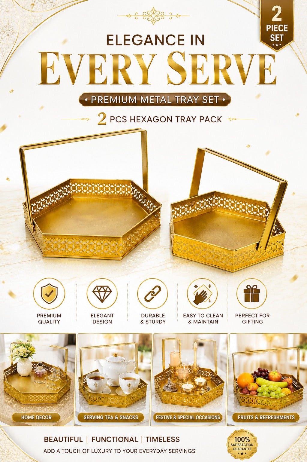 2 Piece Gold Hexagon Metal Basket Tray Set with Handle | Decorative Serving Trays for Fruits, Snacks, Gift Hampers & Home Decor | Premium Multipurpose Metal Organizer Basket Set