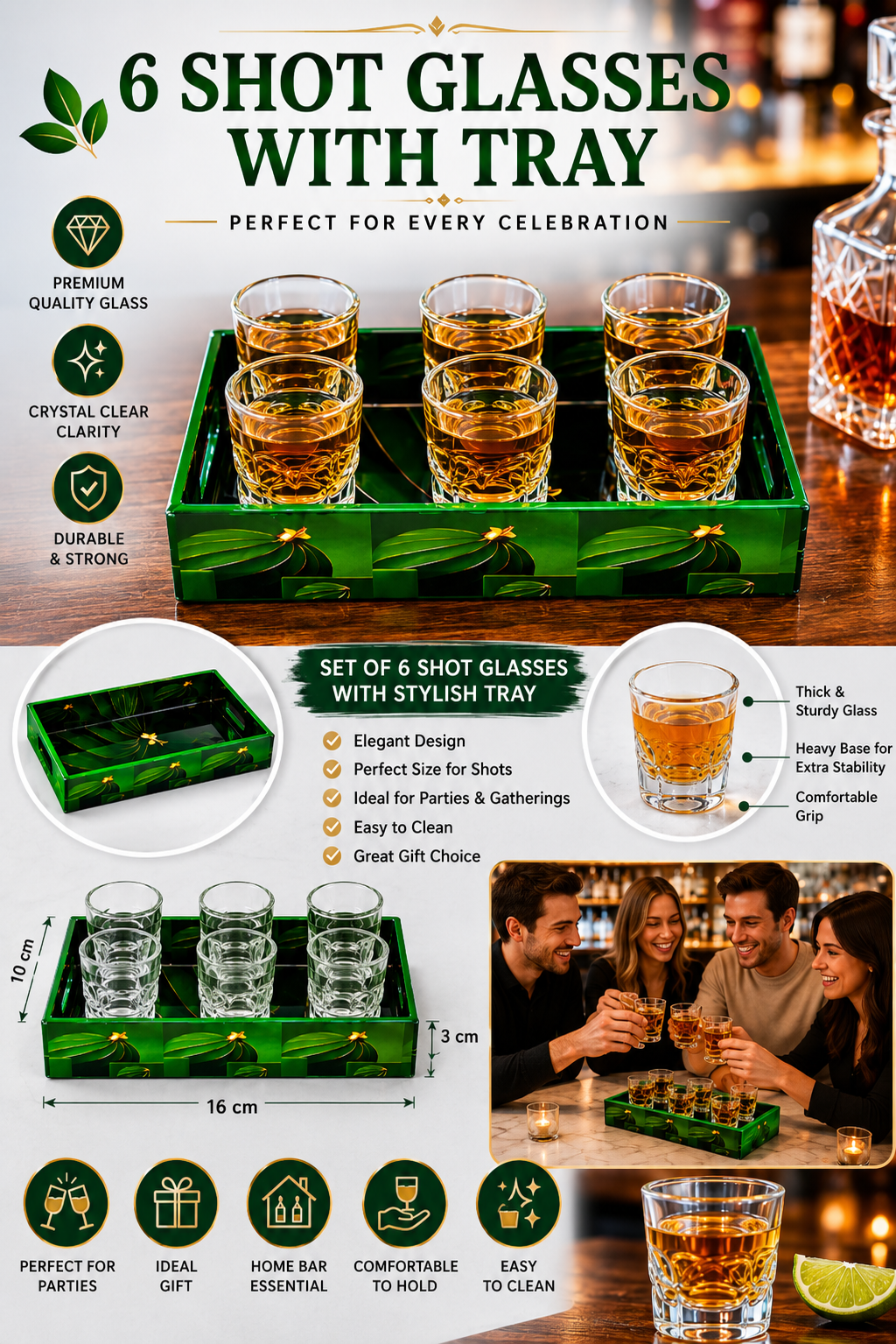 Skull Shot Glass Set Of 6 With MDF Resin Tray | 50ml Clear Skull Design Glasses For Vodka, Whiskey, Tequila & Cocktails | Barware Set For Parties & Gifting