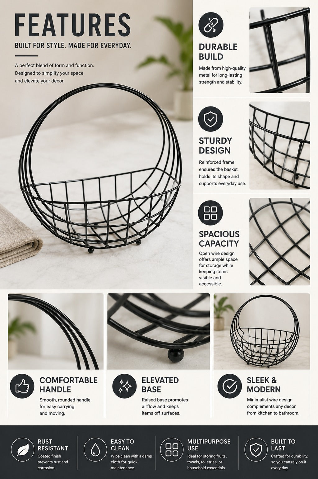 Modern Metal Fruit Basket with Arch Handle | Semi Round Wire Storage Basket | Kitchen & Dining Organizer