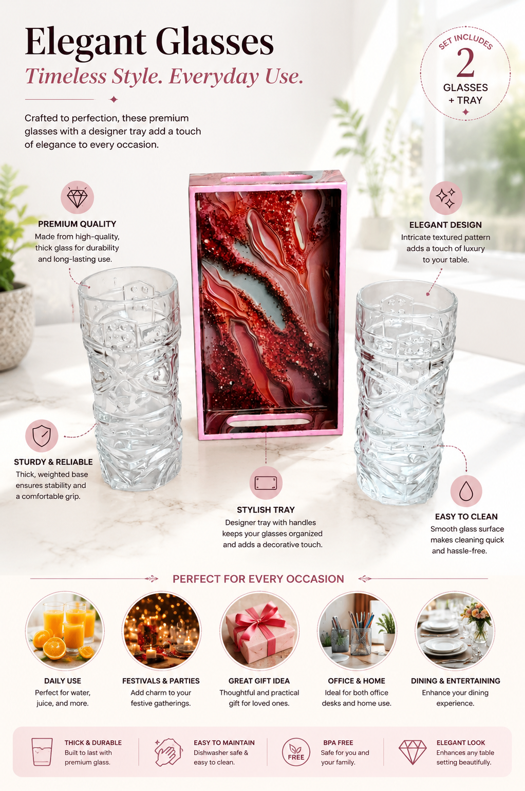 Premium Beer Glass Set with Decorative MDF Serving Tray | 2 Crystal Clear Tall Beer Glasses with Marble Finish Tray | Heavy Drinking Glasses for Beer, Juice, Soft Drinks & Home Bar Gift Set