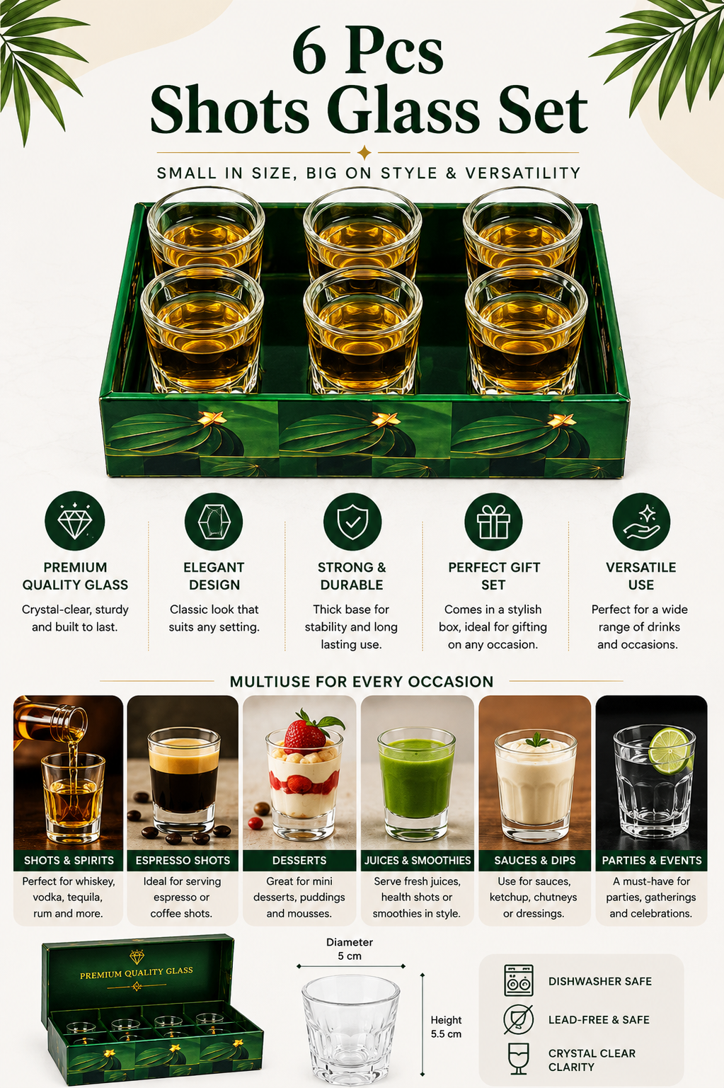 Premium Shot Glass Set with Decorative Storage Tray | 6 Heavy Base Shot Glasses for Whiskey, Tequila, Vodka, Rum & Espresso Shots | Crystal Clear Glass Drinkware Gift Set for Home Bar & Parties