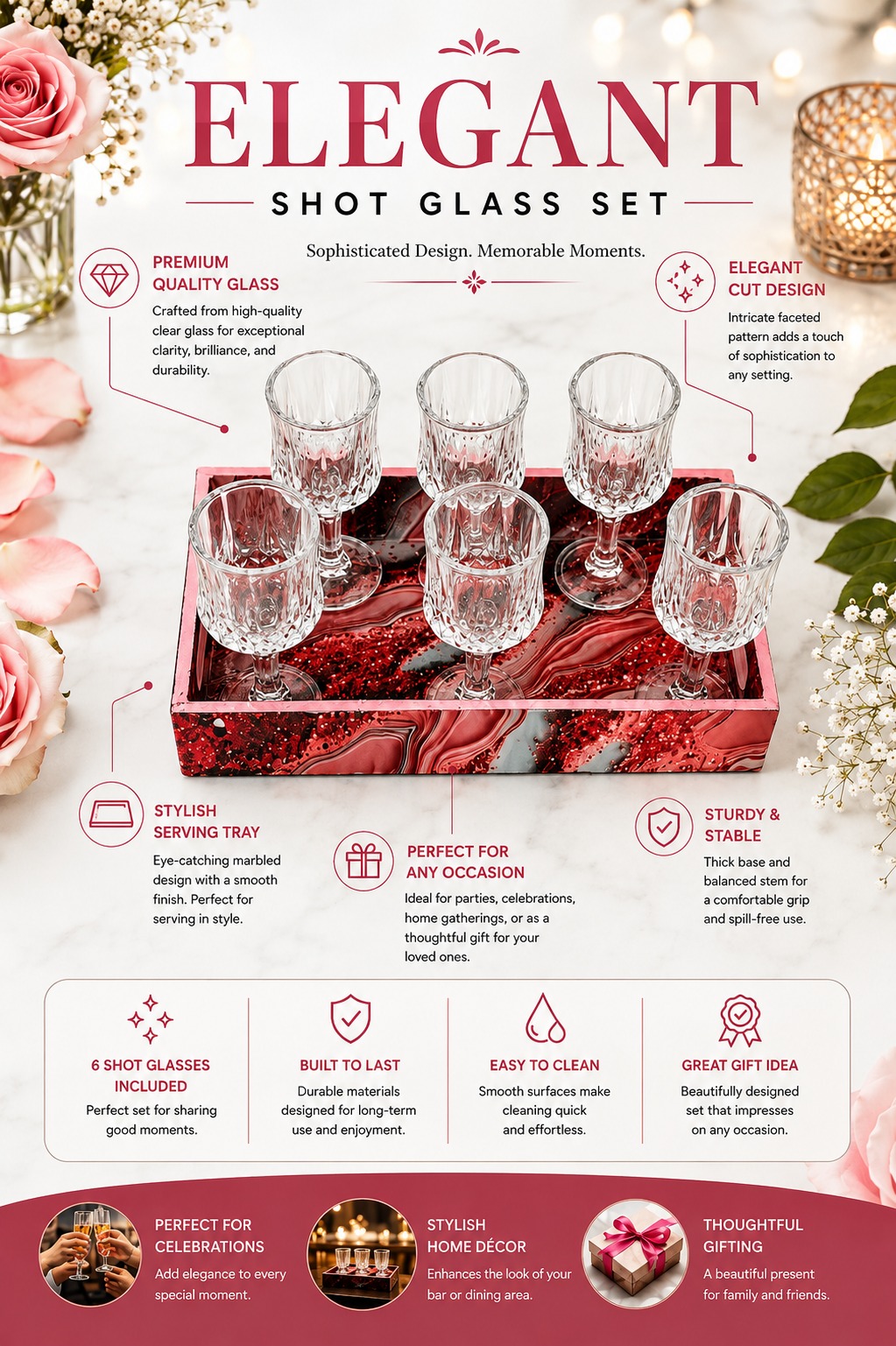 Premium Shot Glass Set Of 6 With MDF Resin Tray | Clear Designer Liqueur Glasses For Vodka, Whiskey, Tequila & Cocktails | Barware Set For Home & Parties