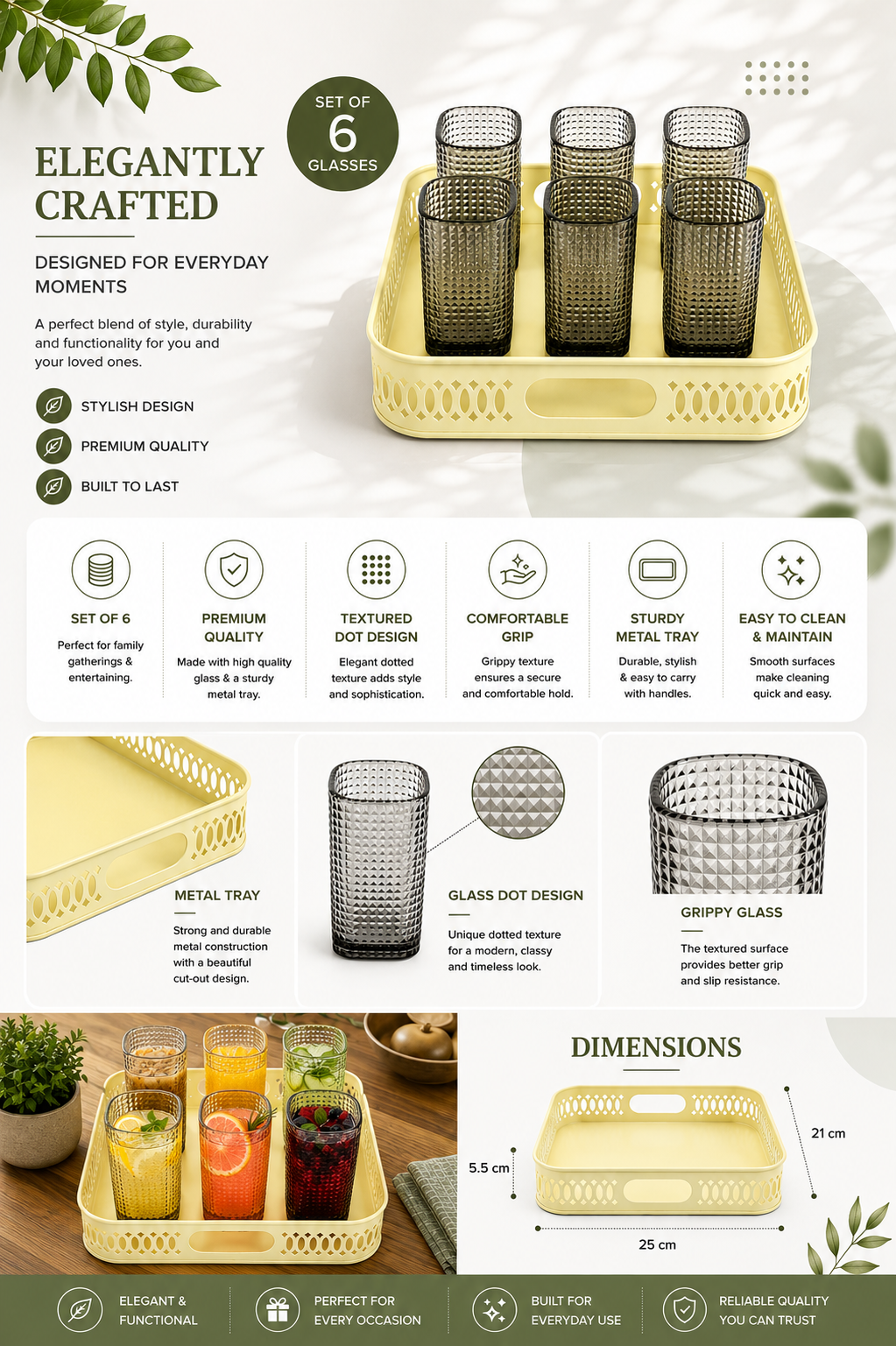 Premium Textured Glass Tumbler Set with Metal Serving Tray | 6 Smoke Grey Drinking Glasses & Decorative Metal Tray for Water, Juice, Cocktails, Mocktails & Everyday Serving