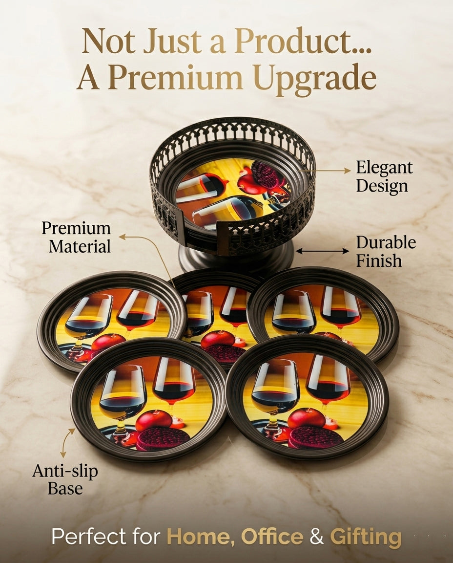 Resin Coated Metal Coaster Set of 6 with Stand | Wine Theme Black Tea Coffee Coasters | Waterproof Heat Resistant Table Coasters