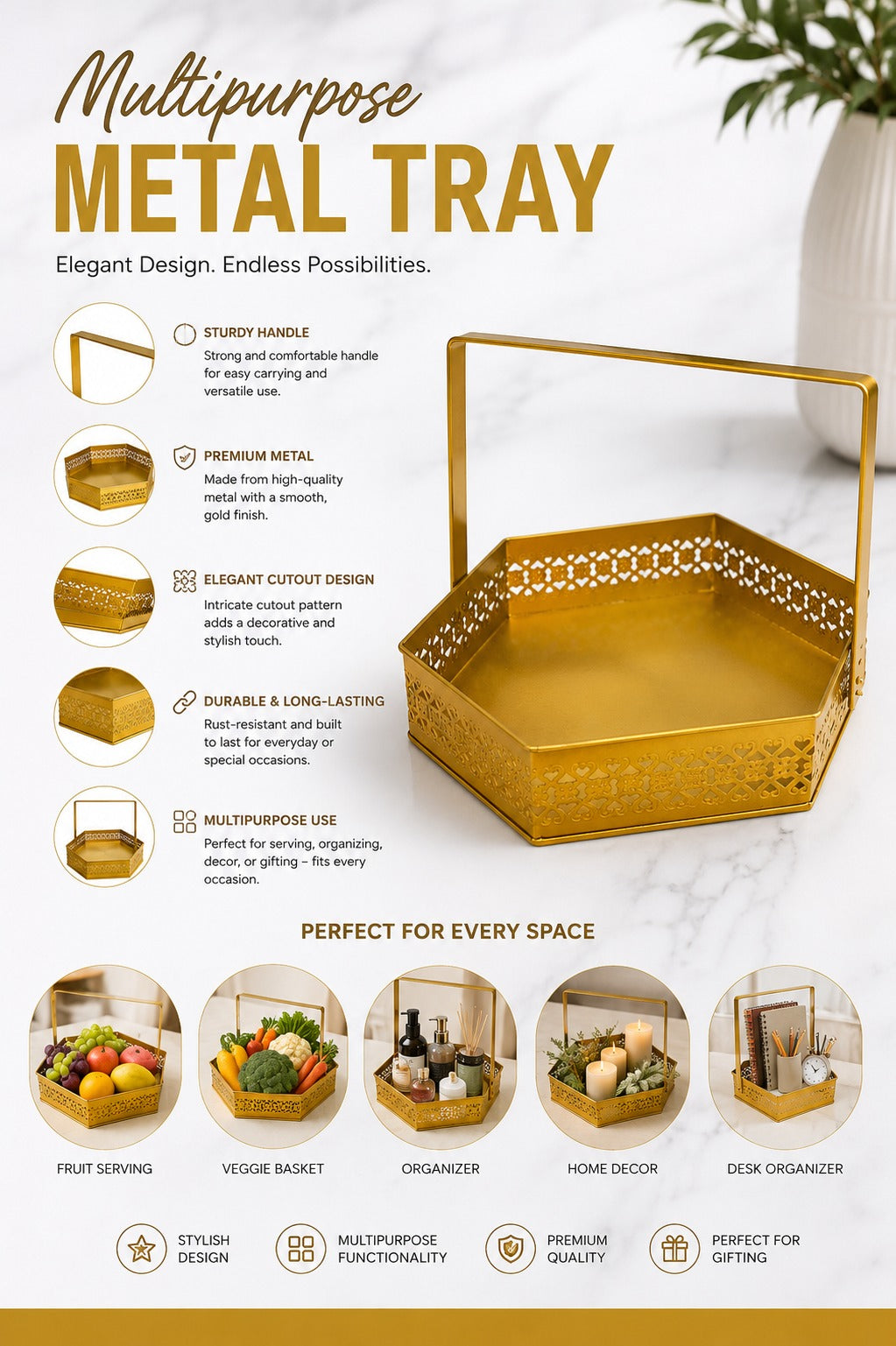 Premium Gold Hexagon Metal Basket Tray with Handle | Decorative Serving Basket for Fruits, Vegetables, Snacks & Gift Hampers | Multipurpose Metal Organizer Basket for Kitchen, Dining Table & Home Decor